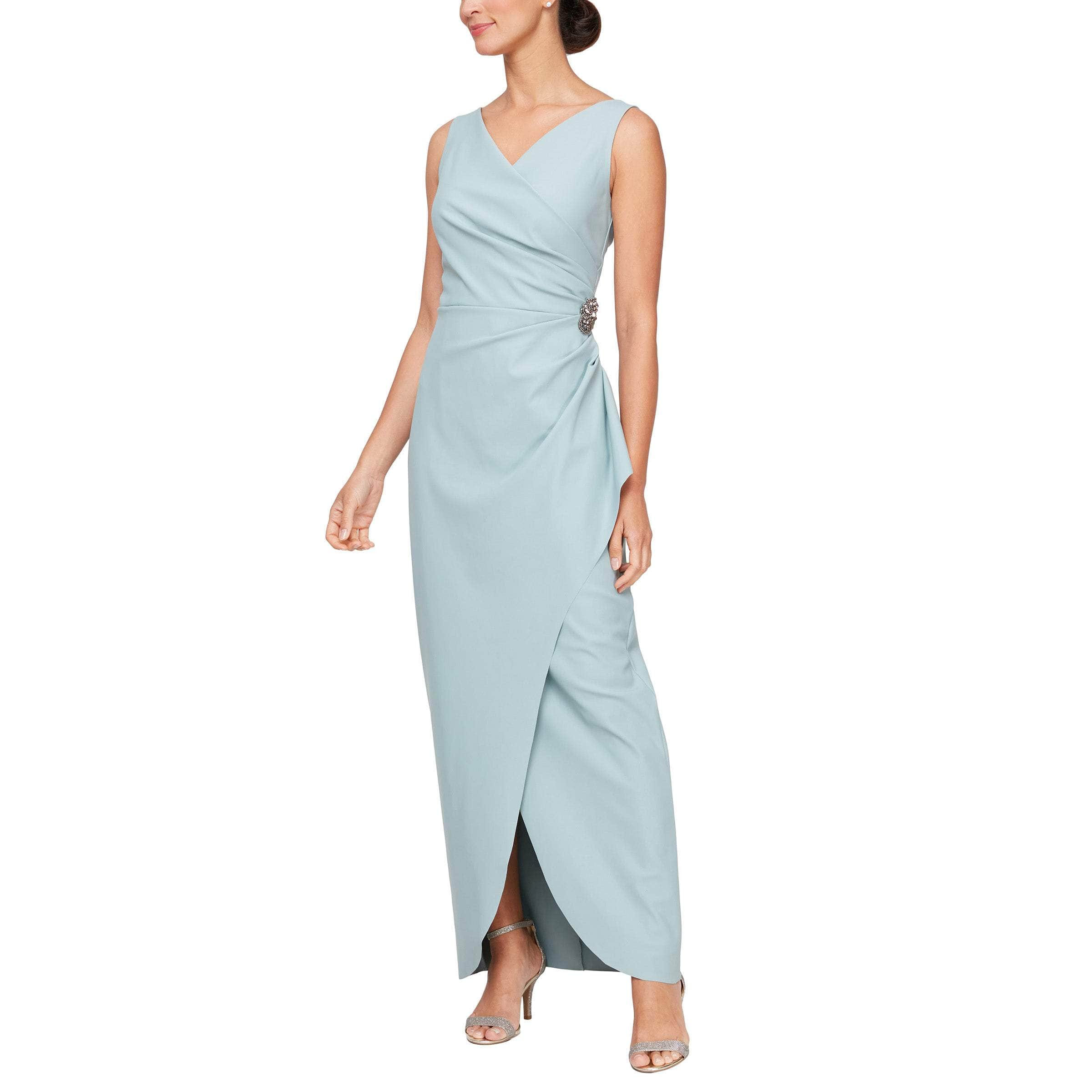 134200 Sleeveless Surplice Bodice Long Fitted Dress