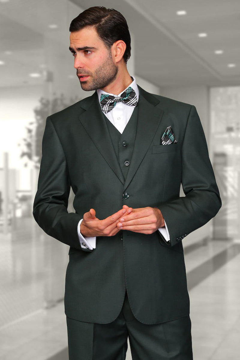 Men’s Designer Vested Modern Fit Wool Wedding & Business Suit in Hunter Green