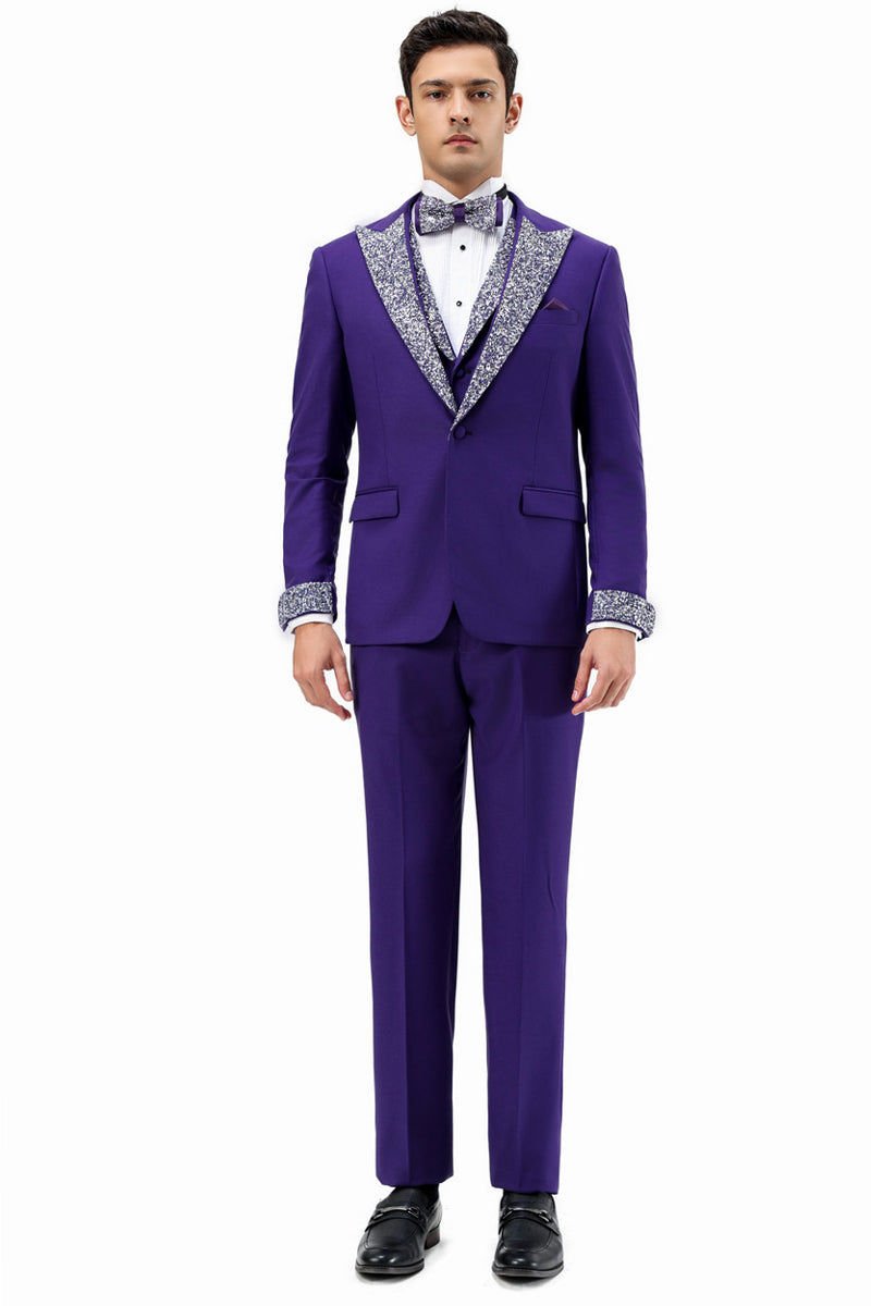 Men’s One Button Rhinestone Peak Lapel Vested Prom Tuxedo in Purple