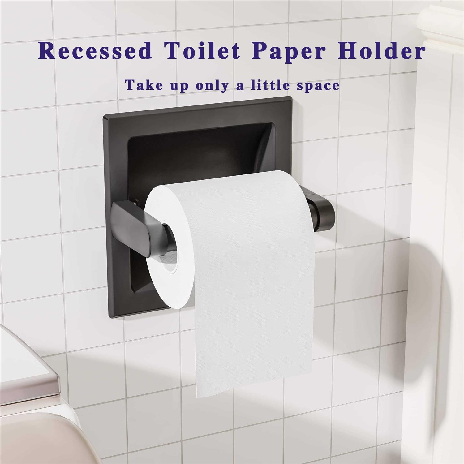 WZKALY Matte Black Recessed Toilet Paper Holder for Regular Rolls Black Pivoting Toilet Paper Holder Wall Mount Stainless Steel