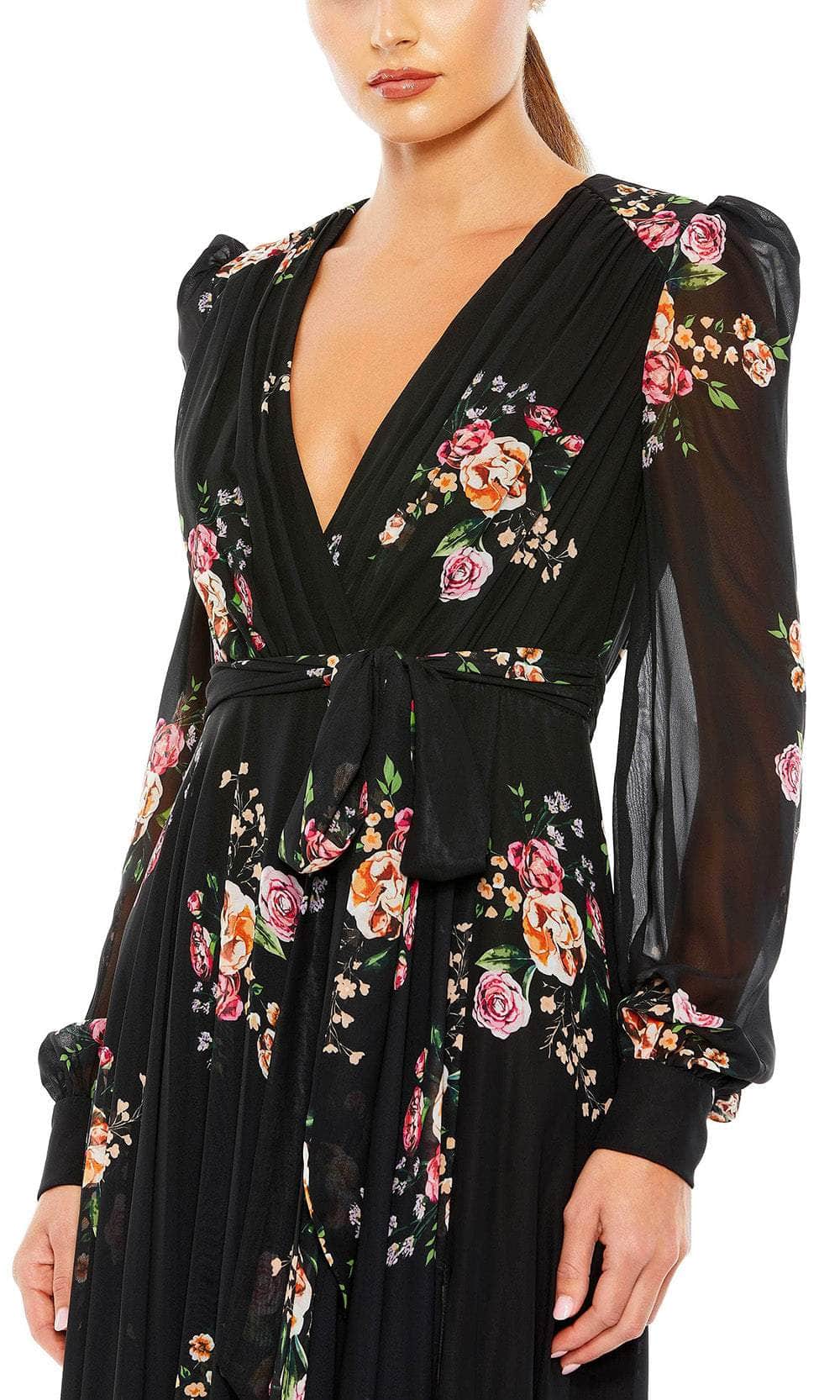 V-Neck Tie Belt Floral Evening Gown