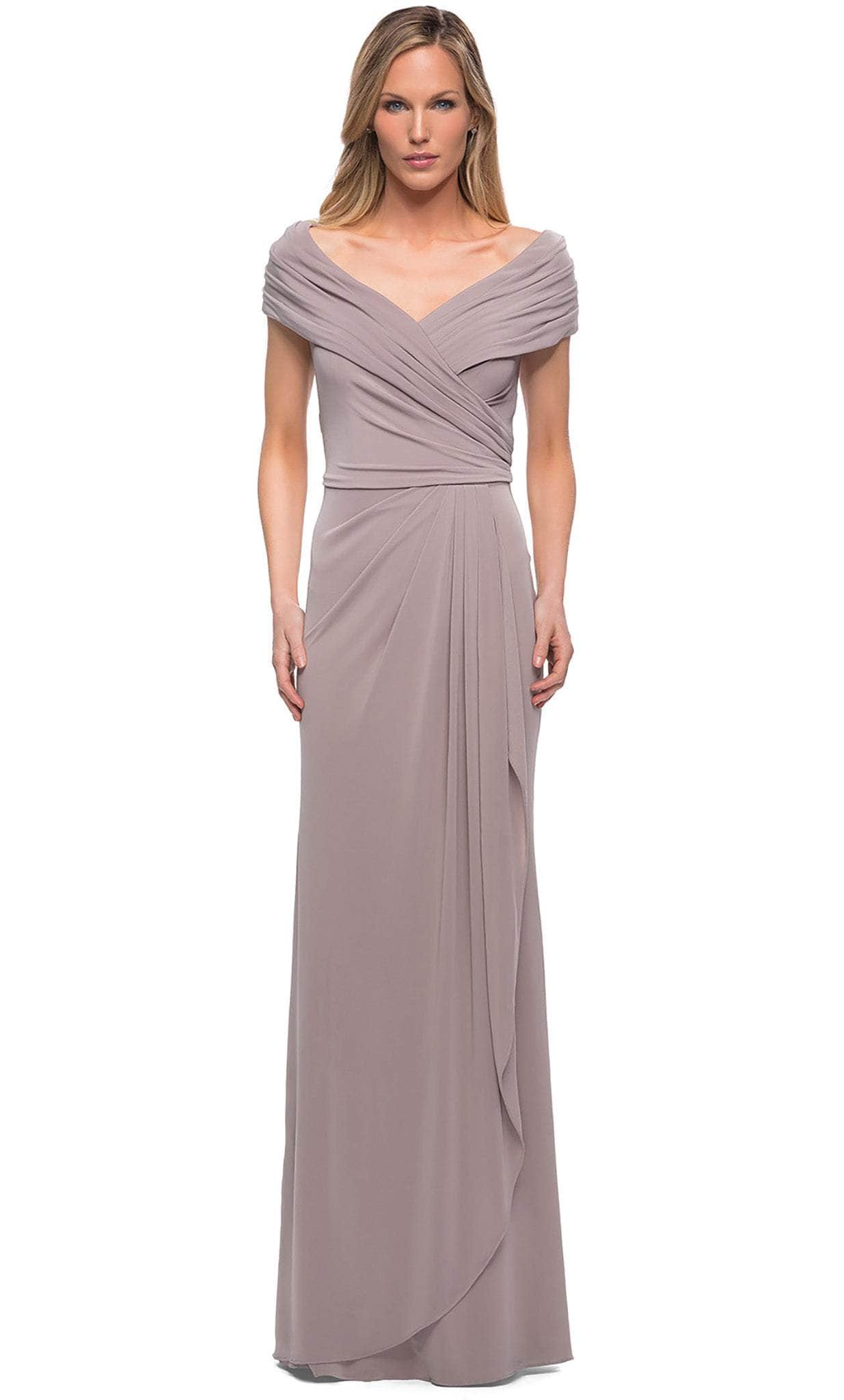 26519 Off Shoulder V Neck Long Sheath Jersey Gown