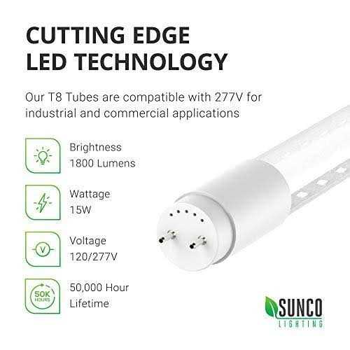 Sunco Lighting 24 Pack 4ft T8 LED Tube 15w=32w Fluorescent