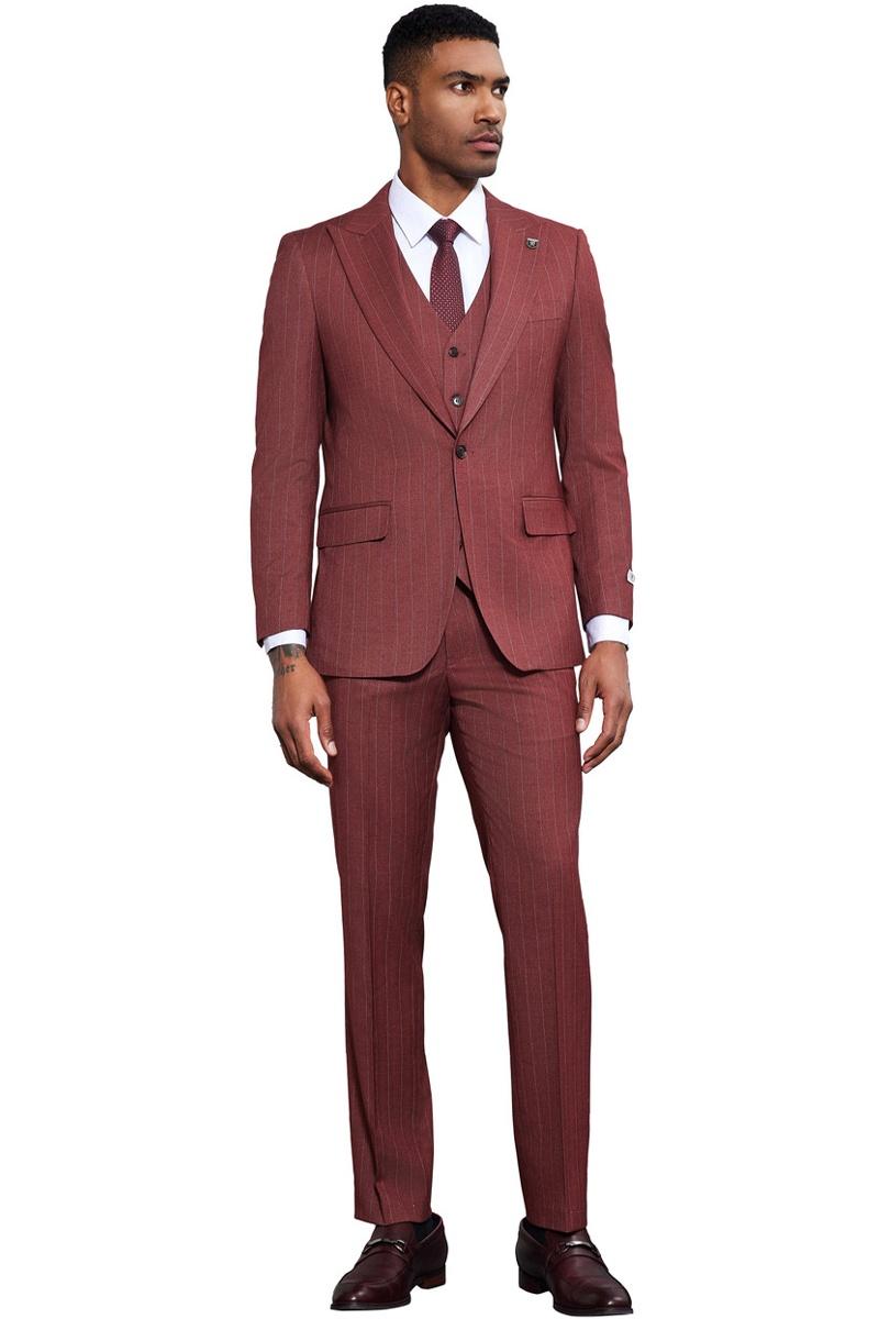 Men’s Stacy Adams One Button Peak Lapel Vested Suit in Burgundy Pinstripe