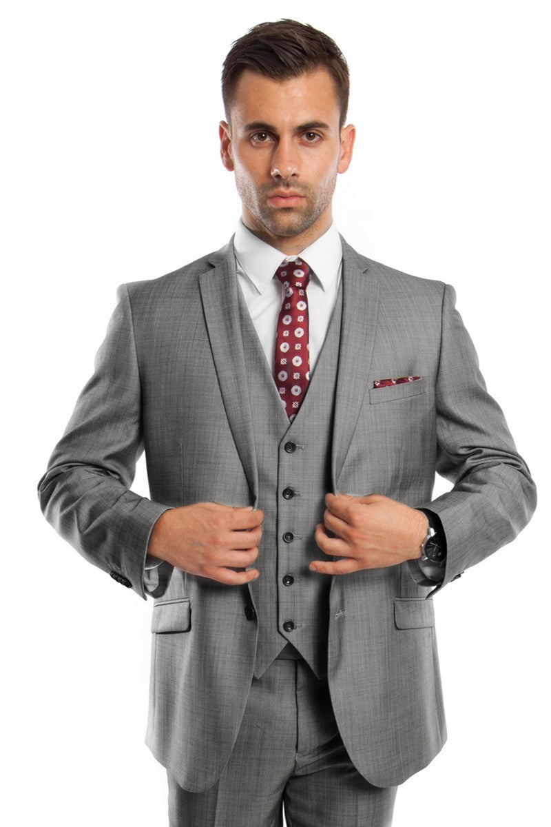 Men’s Two Button Vested Business Sharkskin Suit in Grey