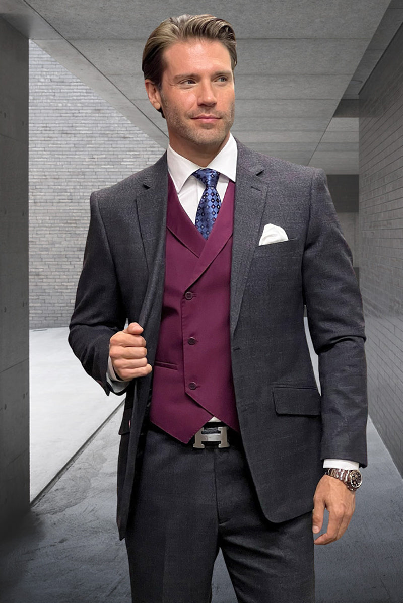 Men’s Modern Fit Wool & Cashmere Plaid Business Suit in Charcoal Grey