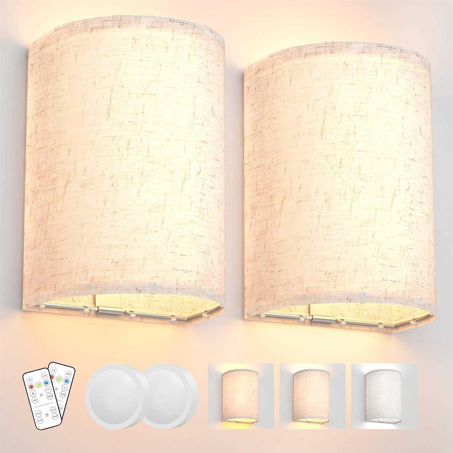 Tivkight Wall Sconces Set of Two Battery 3 Colors Changeable Dimmable Wall Lights Fixtures with Remote Control Fabric Wall Lamp