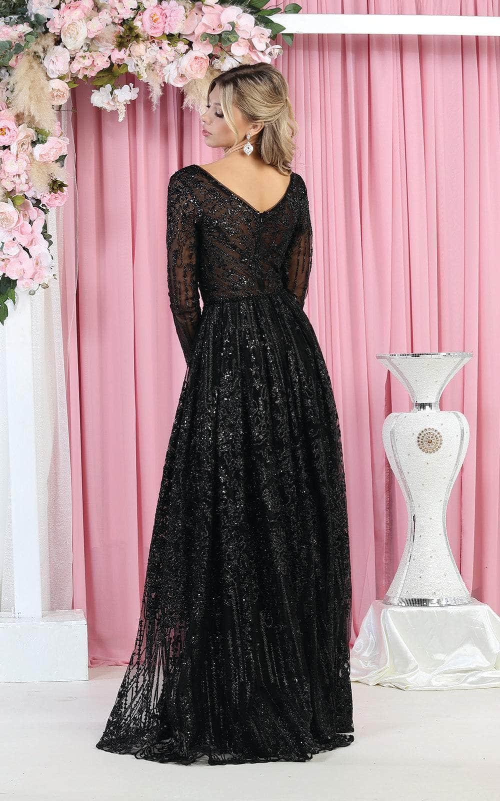 Ornated Sheer Bodice Long Sleeve A Line Dress