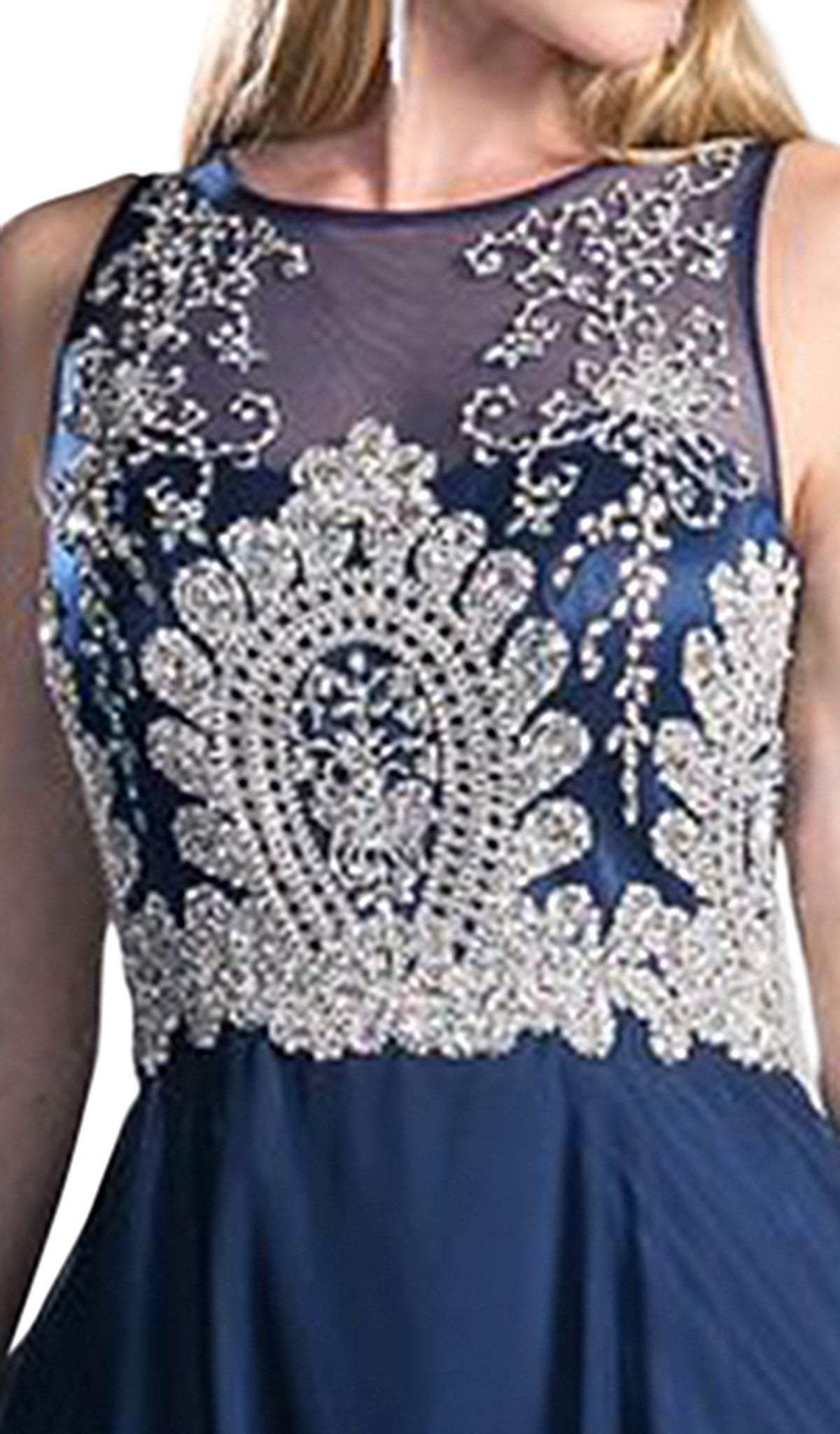 Sleeveless Illusion Metallic Appliqued A-Line Gown