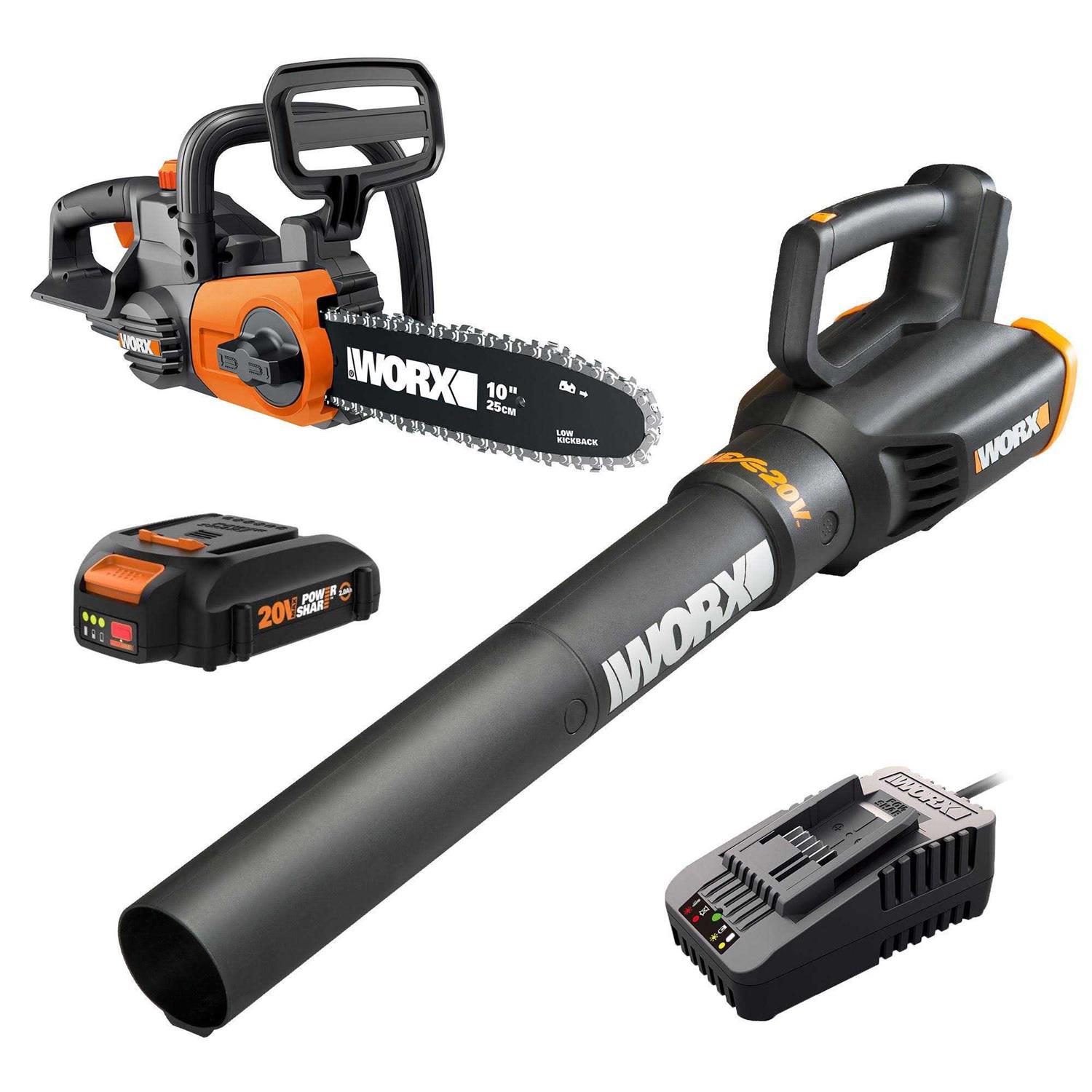 Worx 20V 10” Chainsaw and Turbine Blower Power Share Combo