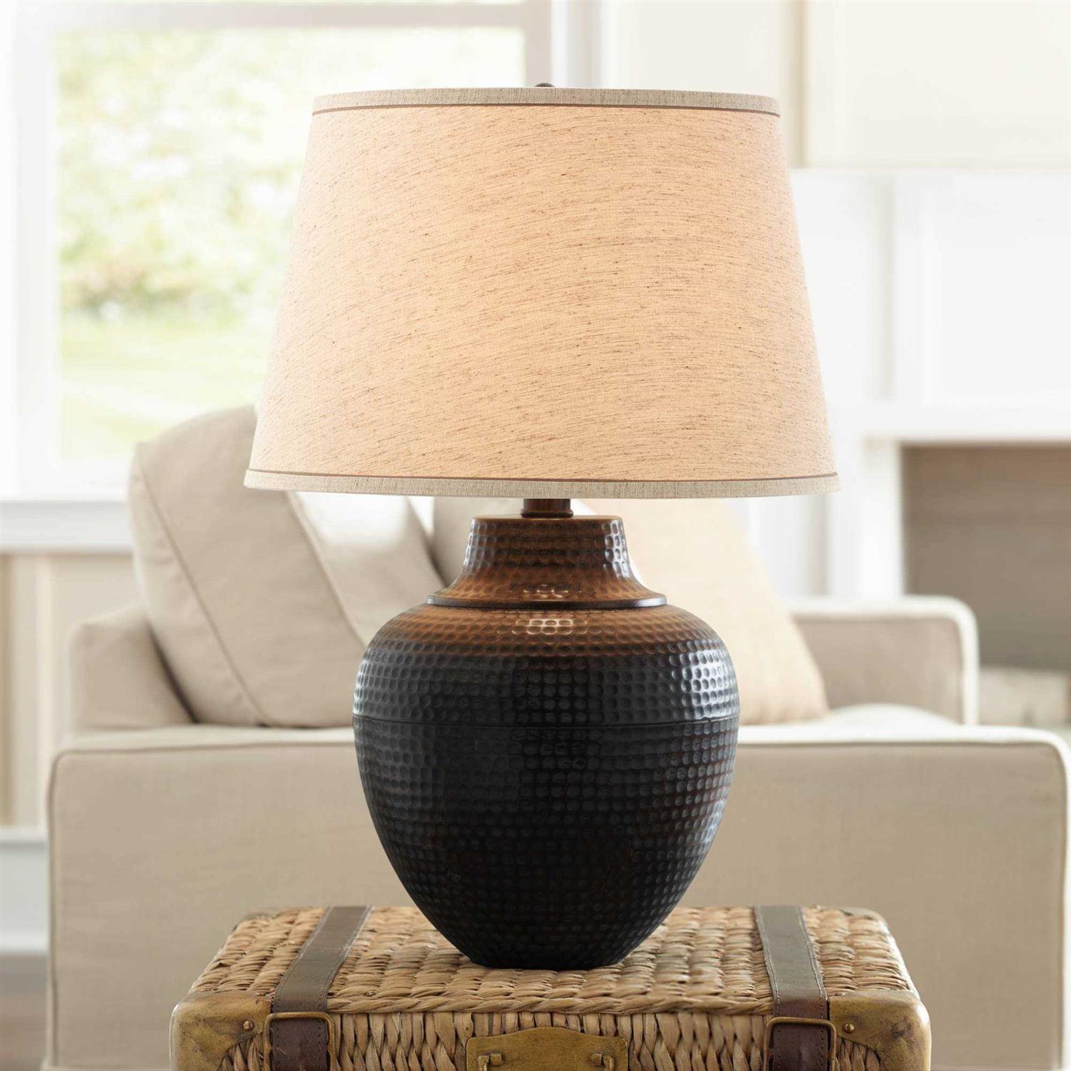 Barnes and Ivy Brighton Rustic Farmhouse Table Lamp 27 1/4 Tall Hammered Bronze Pot Beige Linen Drum Shade for Bedroom Living Room Bedside Nightstand