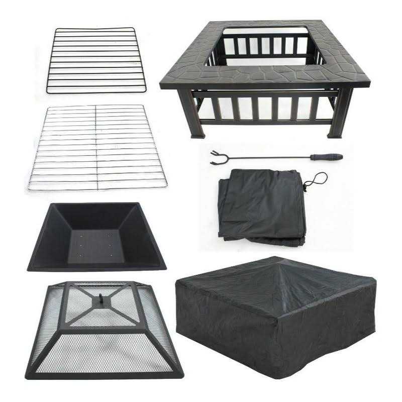 Lemy 32 inch Outdoor Fire Pit Square Metal Firepit Backyard Patio Garden Stove Wood Burning Fire Pit W/rain Cover