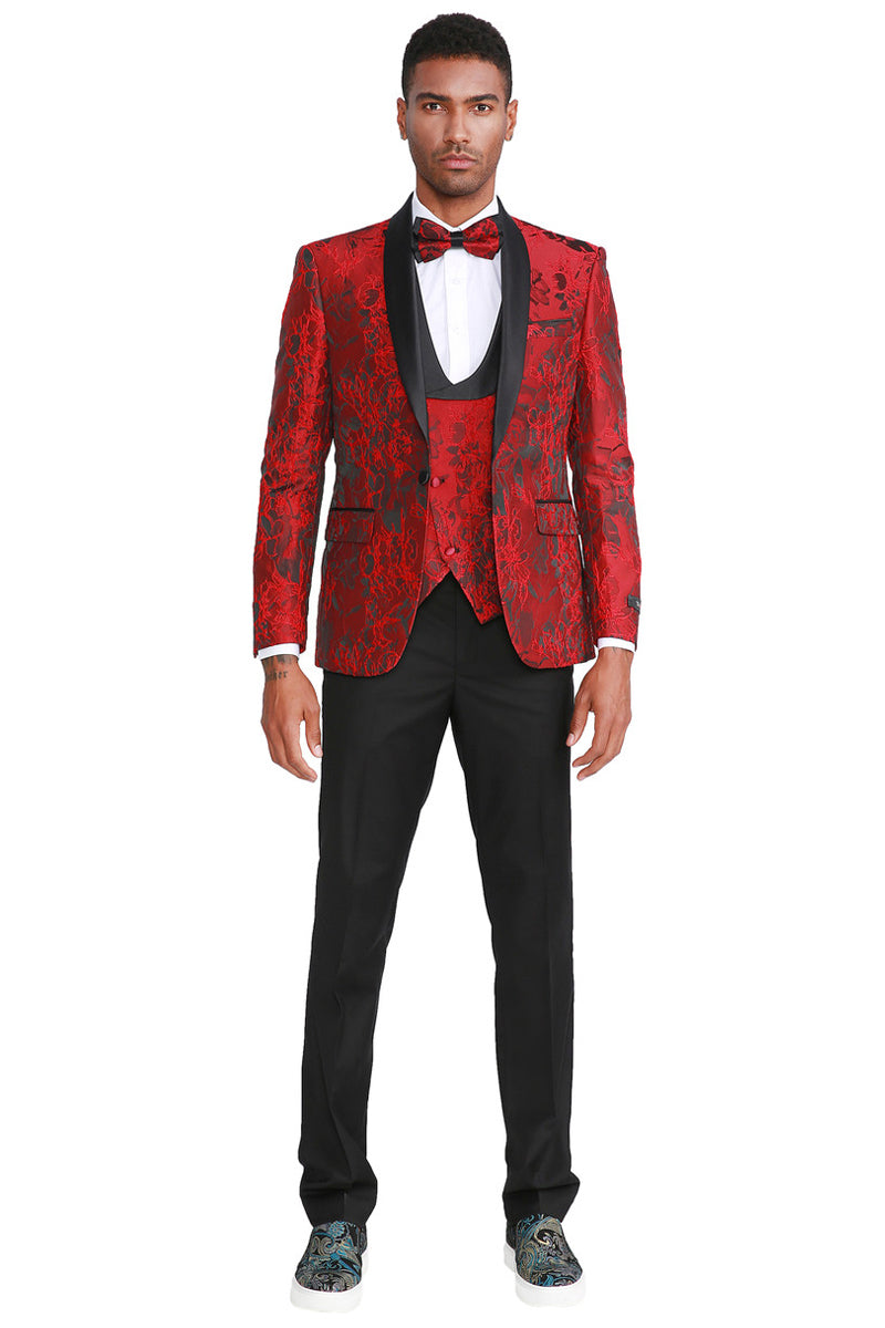 Men’s Slim Fit One Button Vested Paisley Shawl Lapel Prom Tuxedo in Red
