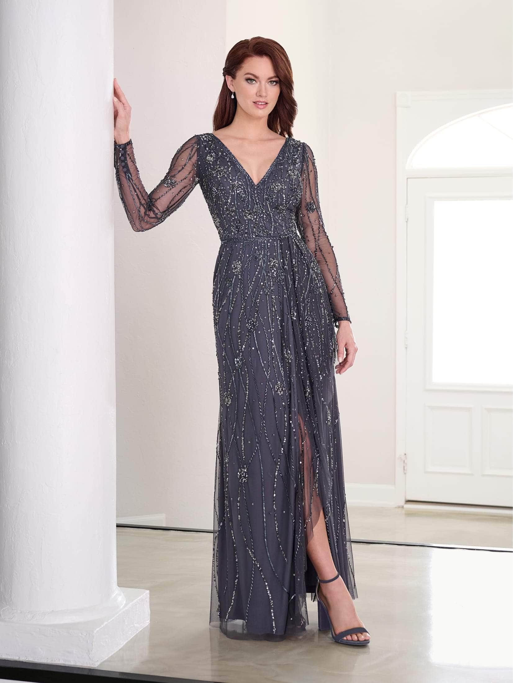 Sheer Long Sleeve Beaded Evening Gown