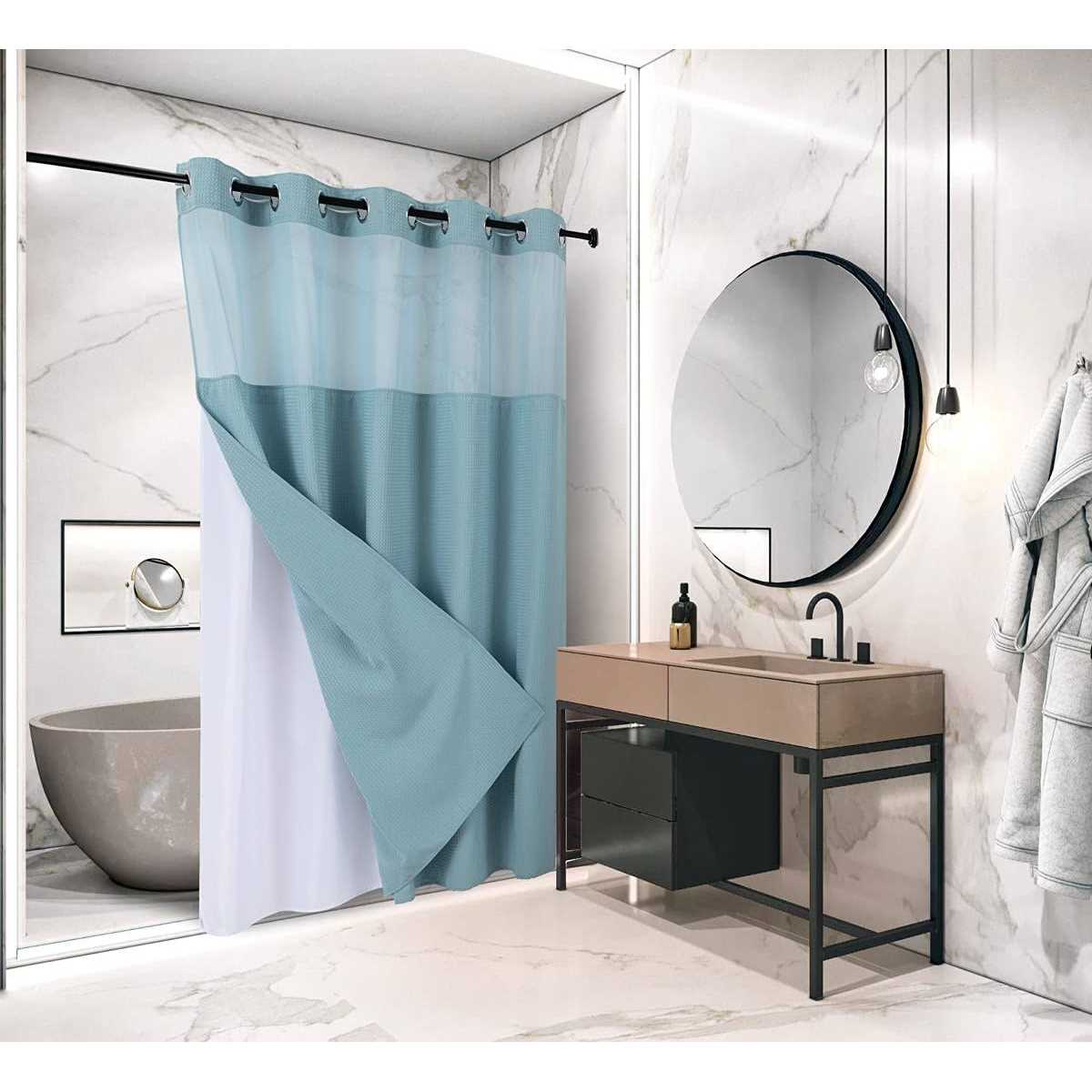 Wpm No Hooks Required Shower Curtain with Snap-in Liner Waffle Weave Design