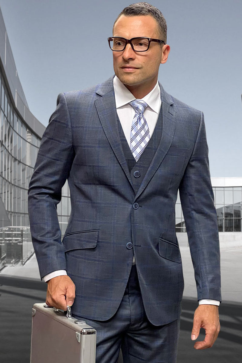 Men’s Designer Two Button Vested Wool Windowpane Suit in Charcoal Grey