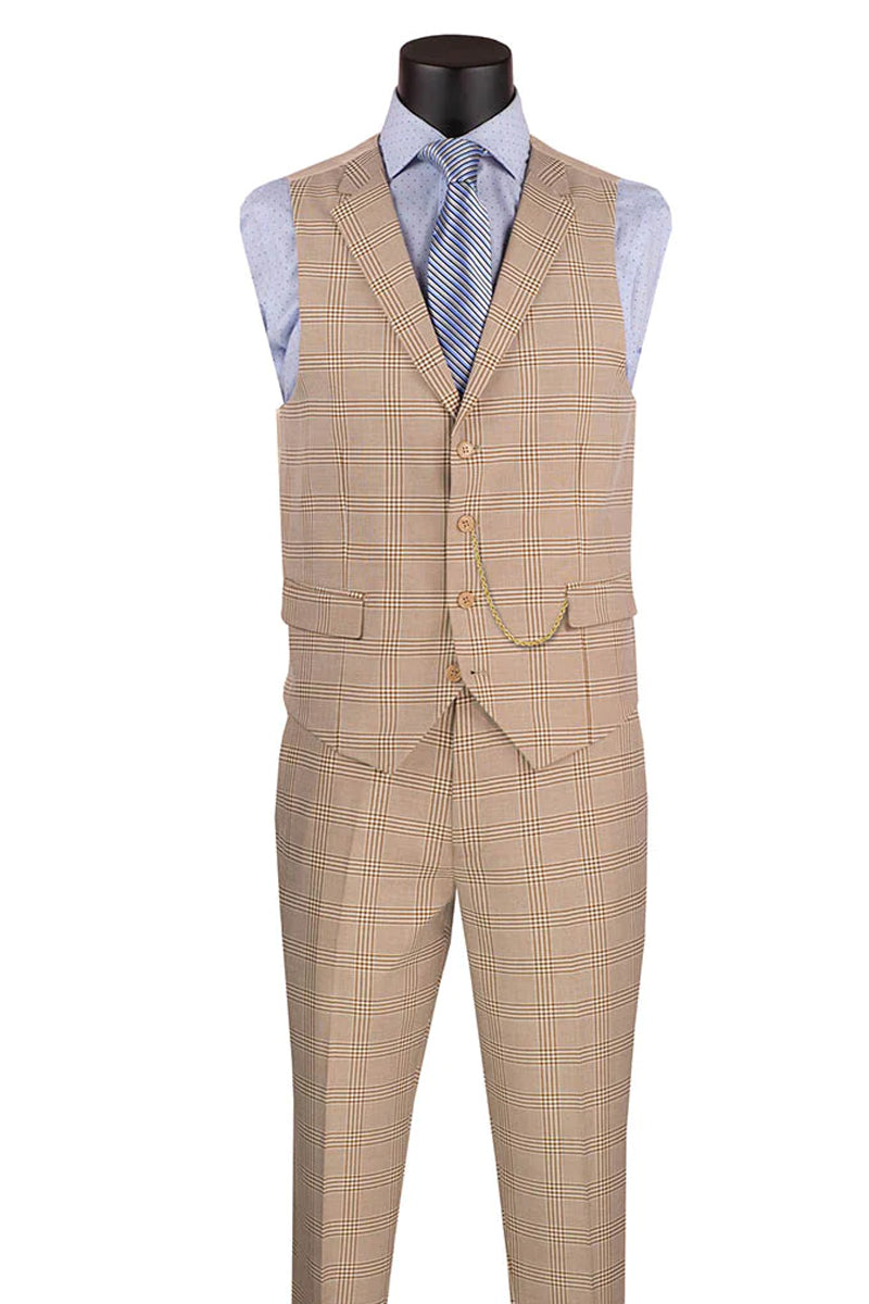 Men’s Slim Fit Vested Glen Plaid Summer Business Suit in Beige