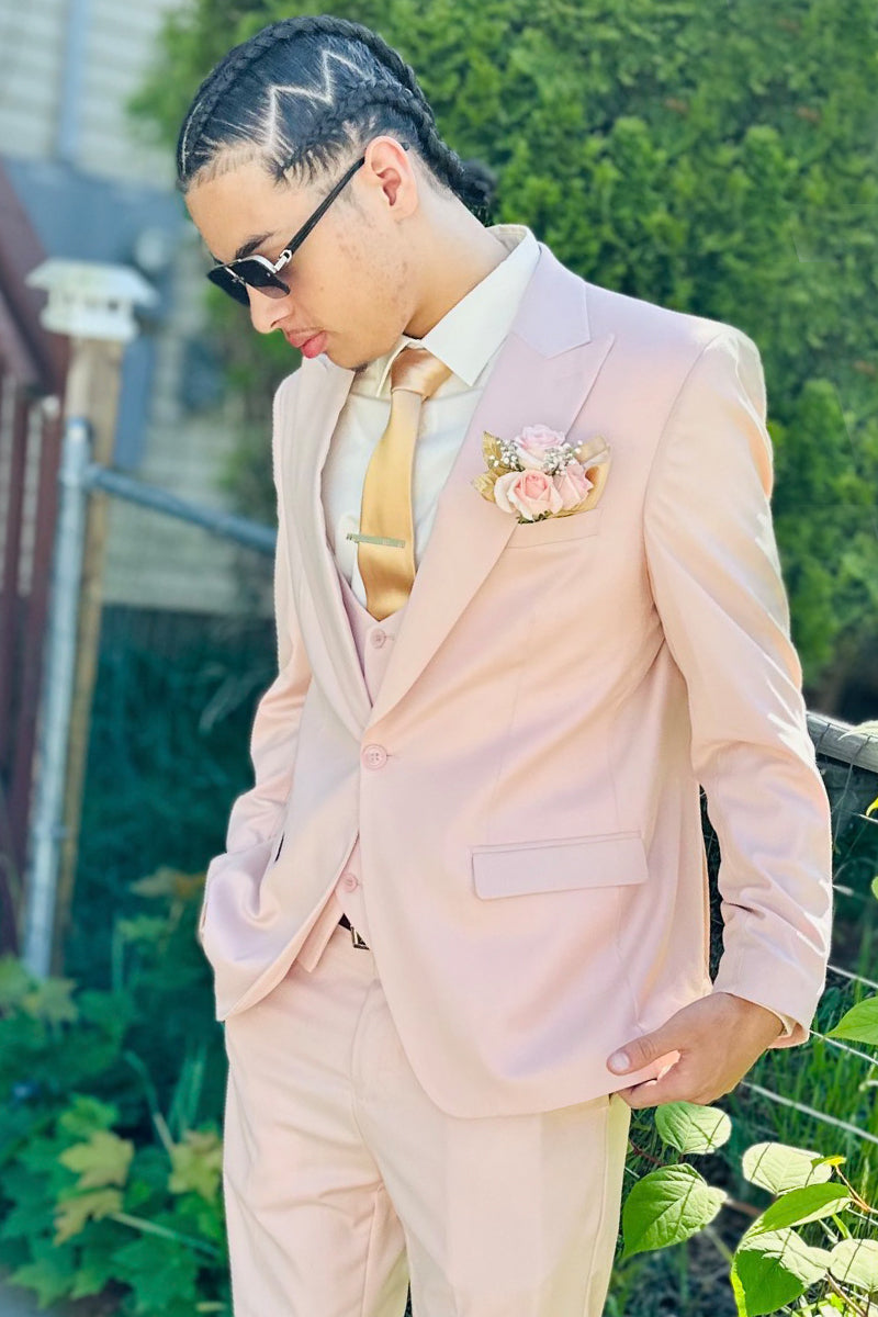 Men’s Vested One Button Peak Lapel Stacy Adams Designer Suit in Blush Pink
