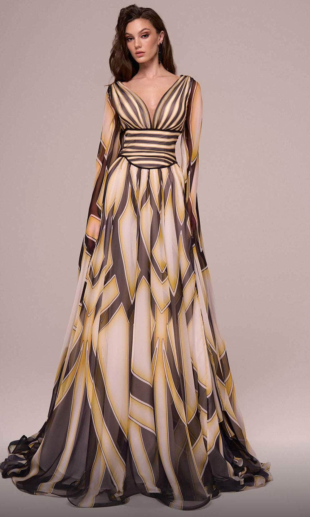 Printed Long Cape Sleeve Evening Gown