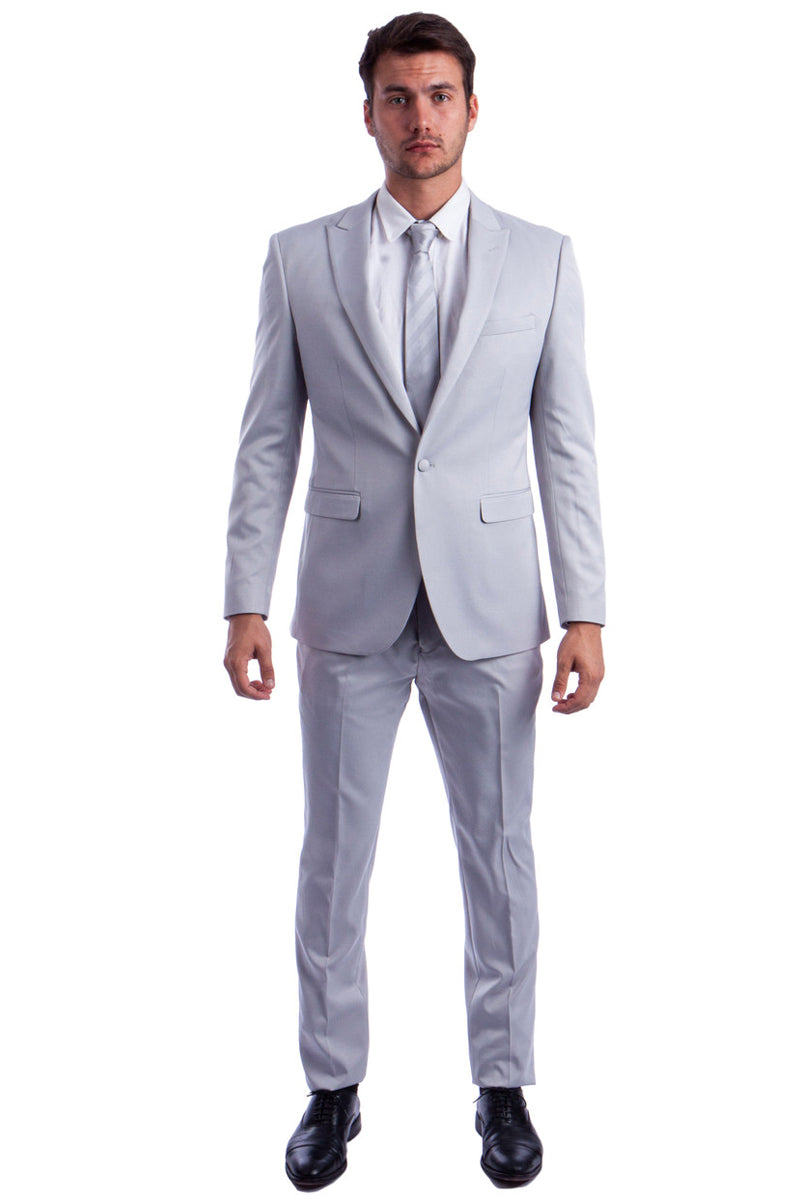 Men’s One Button Peak Lapel Basic Slim Fit Suit in Light Grey