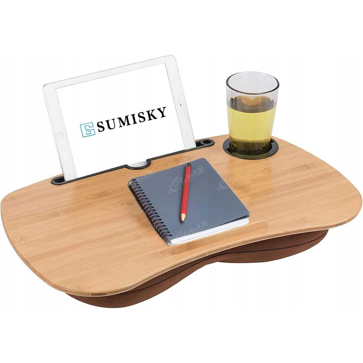 SUMISKY Lap Desk-Portable Laptop Table with Bamboo Platform Phone Holder Pillow Cushion Anti-Slip Stopper on Bed & Sofa