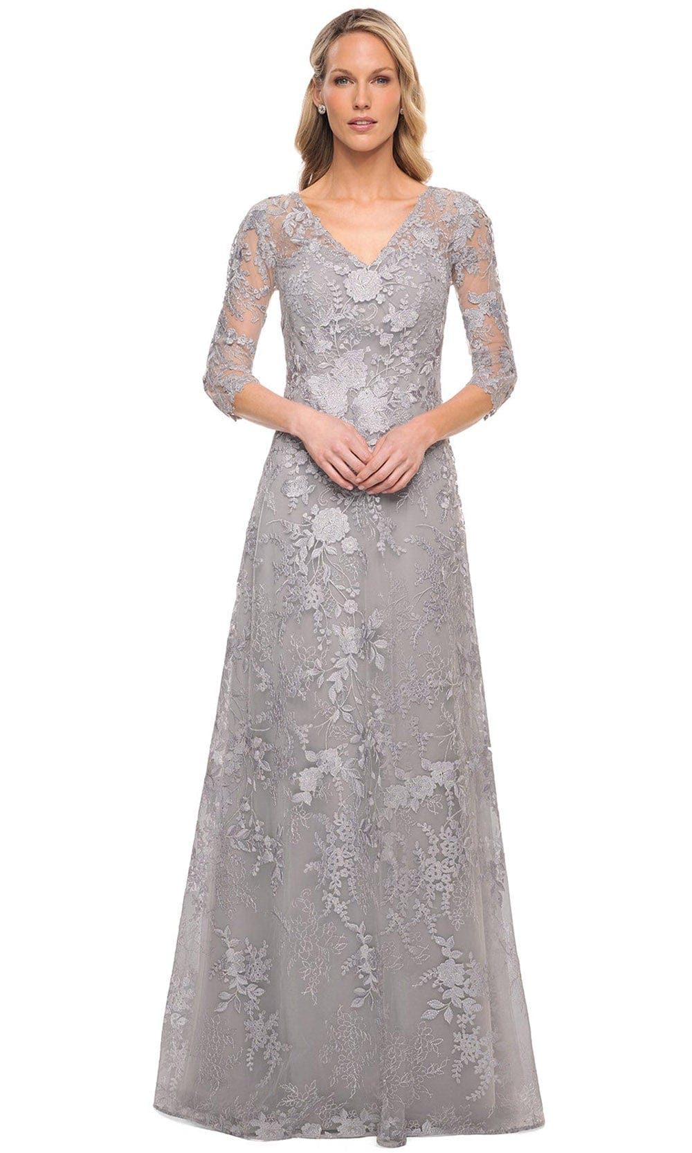 Embroidered Sheer Lace Mother of the Groom V-Neck Gown