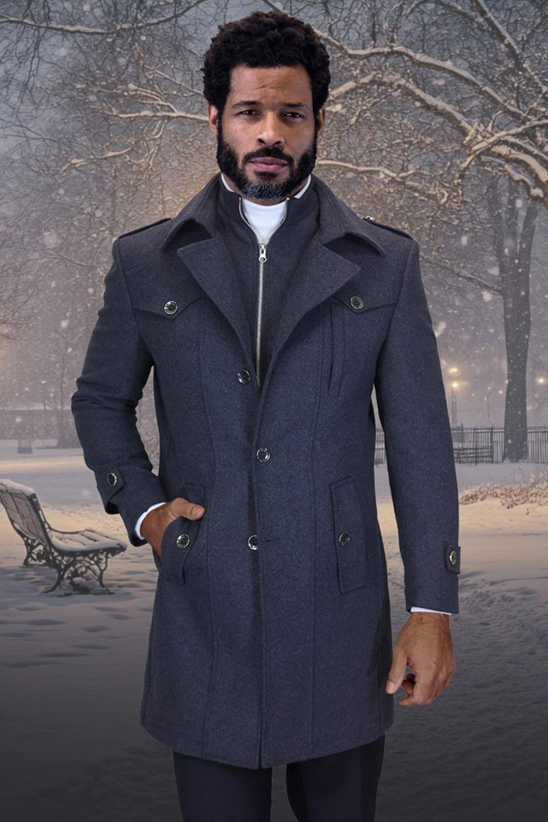 Men’s Designer Wool & Cashmere Car Coat with Zip Out Liner in Charcoal Grey