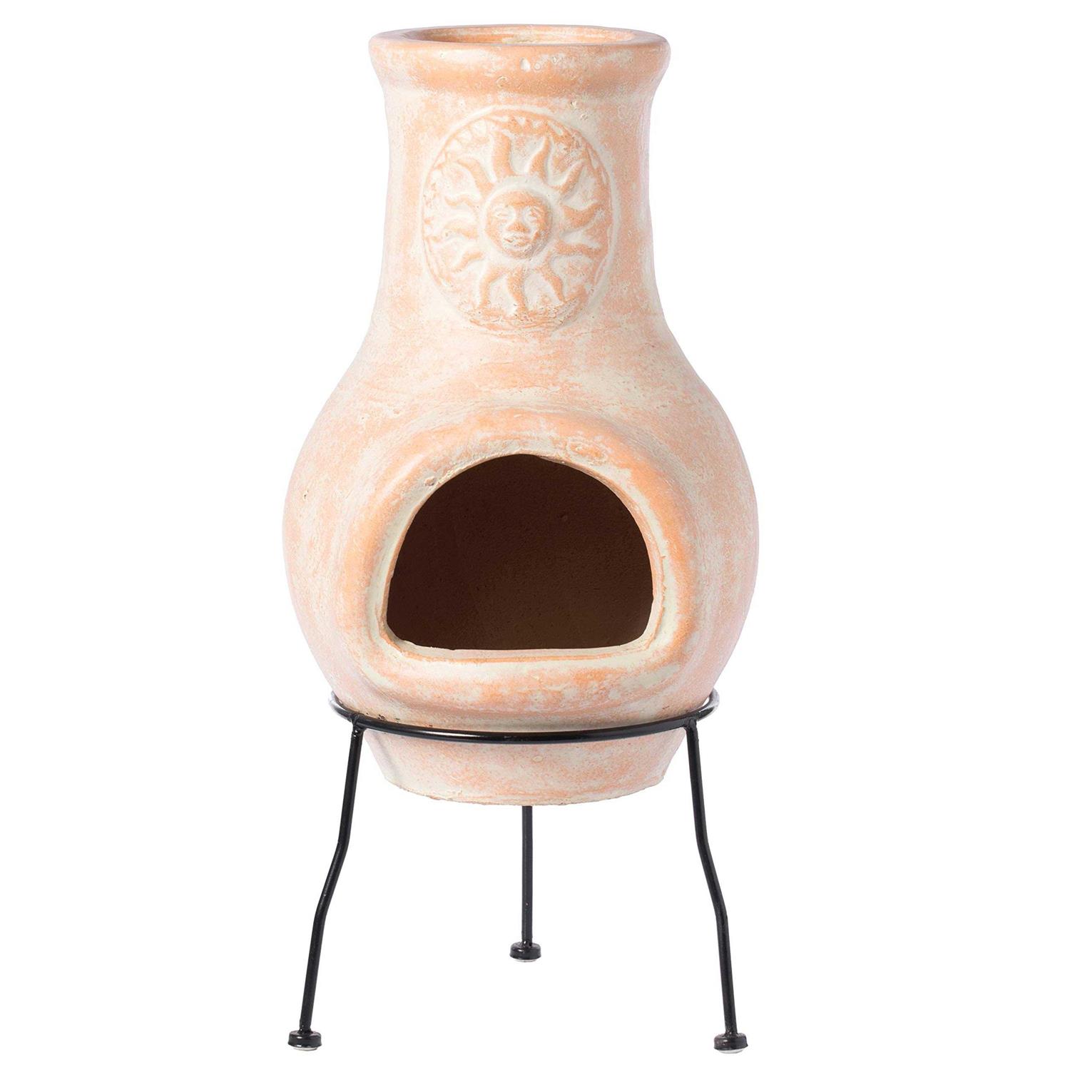 Outdoor Beige Clay Chiminea Outdoor Fireplace Sun Design Charcoal Burning Fire Pit with Sturdy Metal Stand