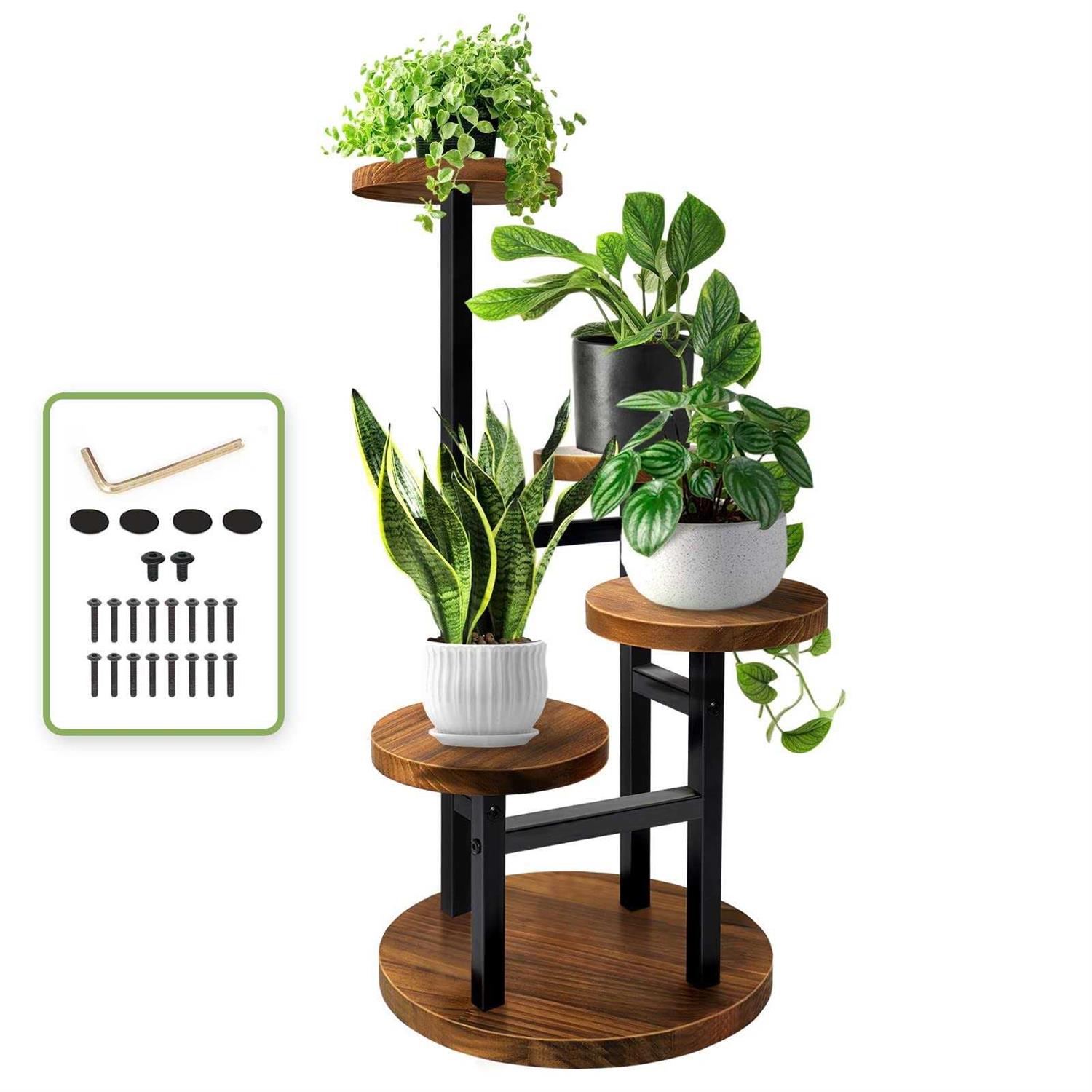 AUGOSTA 3 Tier Plant Stand Tall Metal Wood Shelf Holder for Indoor