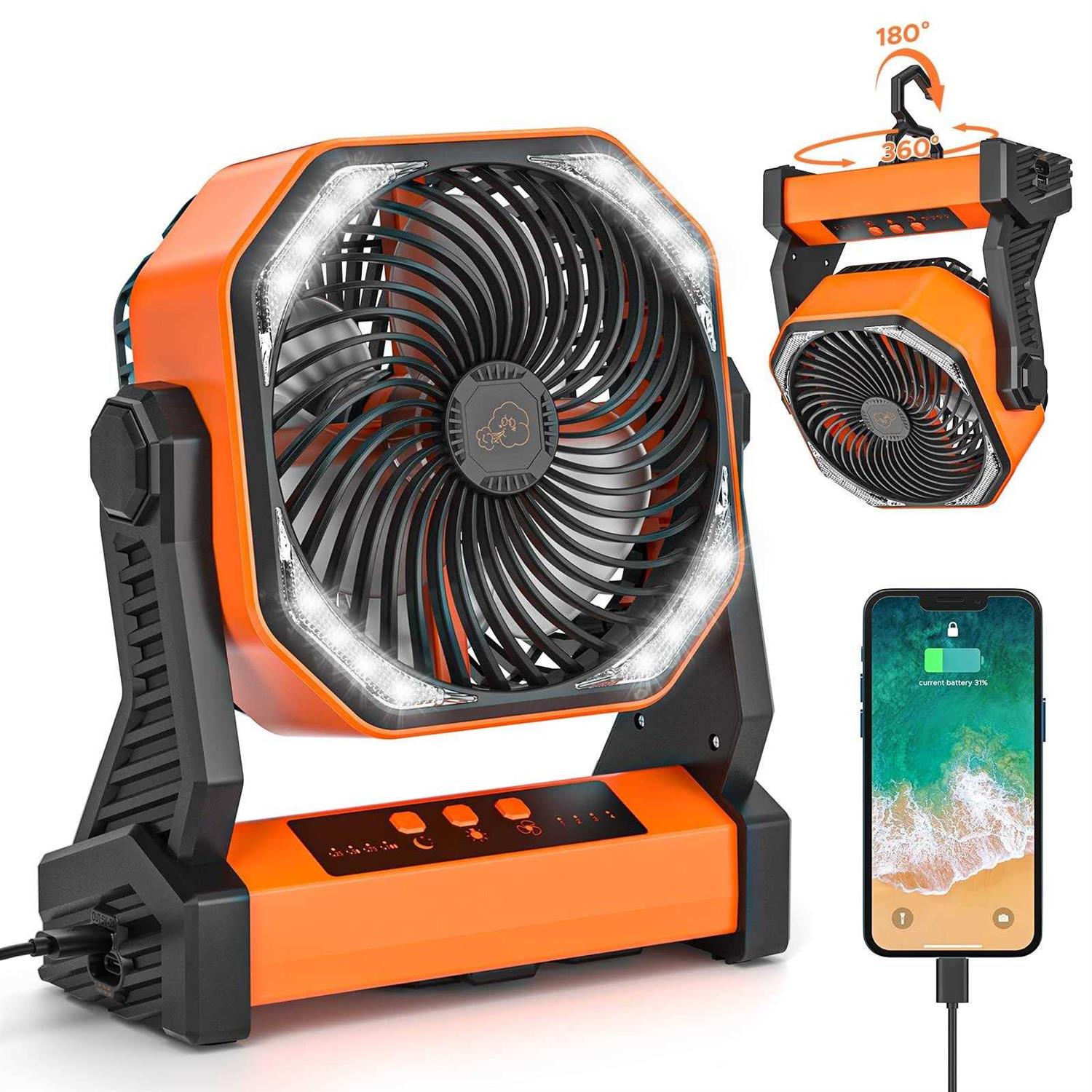 20000mAh Rechargeable Camping Fan with LED Lantern 58hrs Portable Battery Operated Desk Fan with Hanging Hook for Camping Picnic Fishing Hurricane