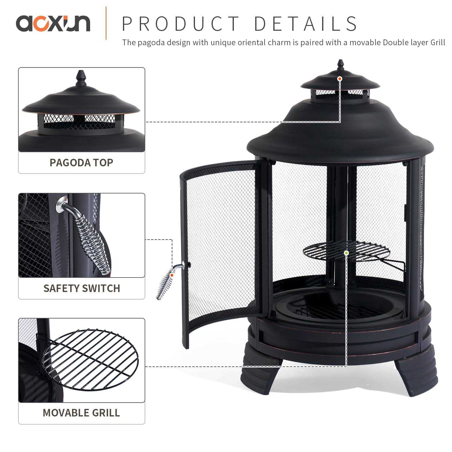 Aoxun Chiminea Fire Pit with Grill for Outdoor, 2 in 1 Fire Pit with Removable Grate, and Mesh Spark Screen Doors