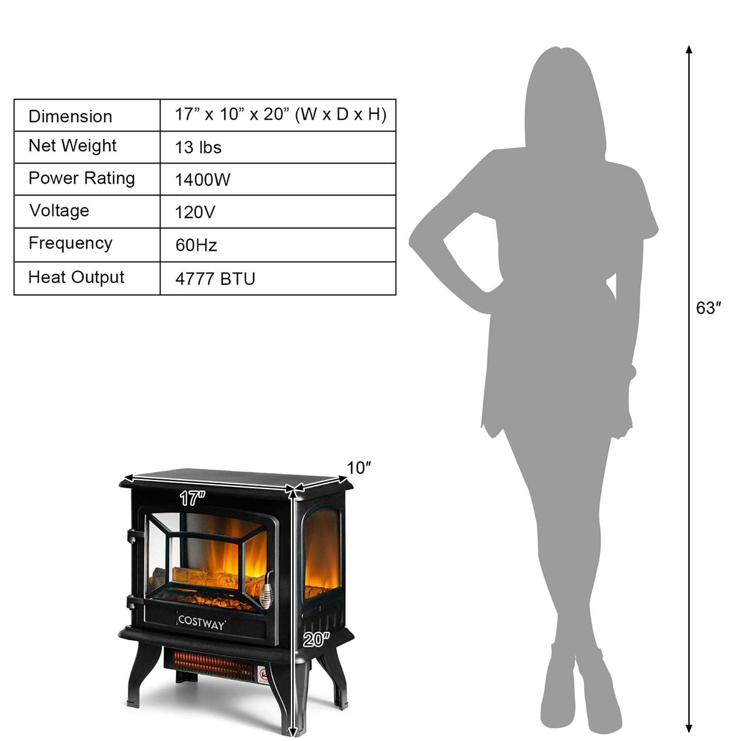 Costway 20&” Freestanding Electric Fireplace Heater Stove W/ Thermostat & Flame Effect