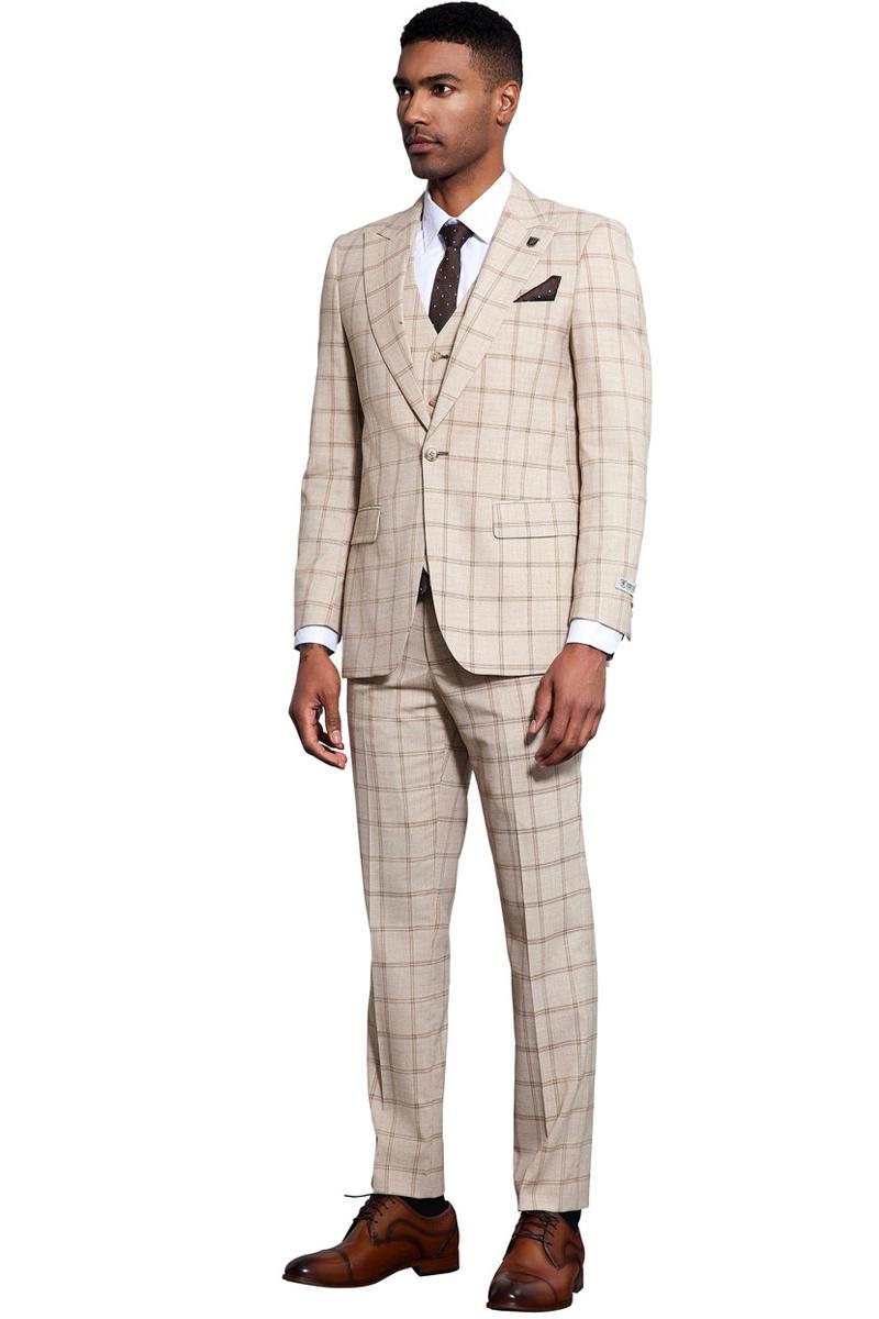 Men’s Stacy Adams One Button Peak Lapel Vested Windowpane Plaid Suit in Tan