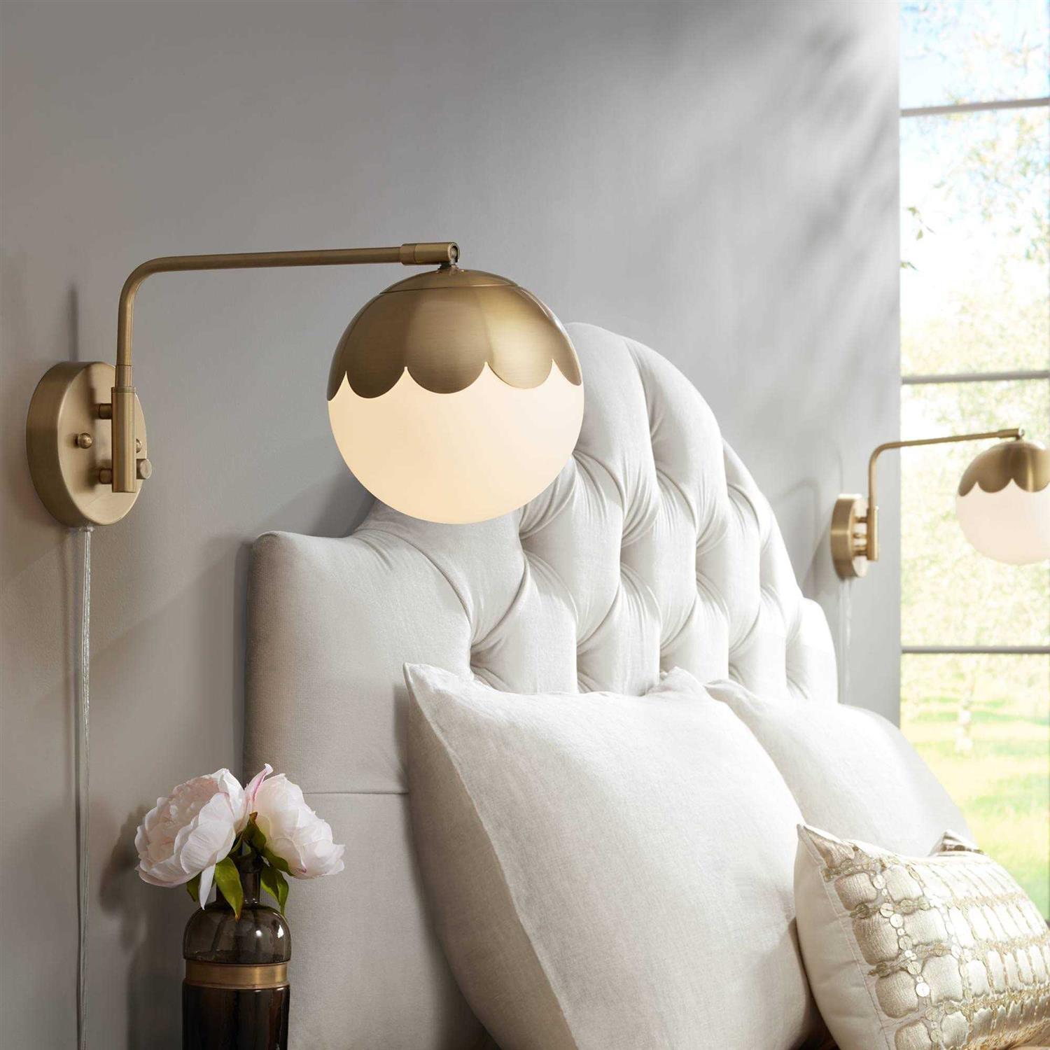 360 Lighting Kelowna Modern Swing Arm Wall Brass Plug-in Light Fixture Globe Glass Shade for Bedroom Bedside Living Room Reading