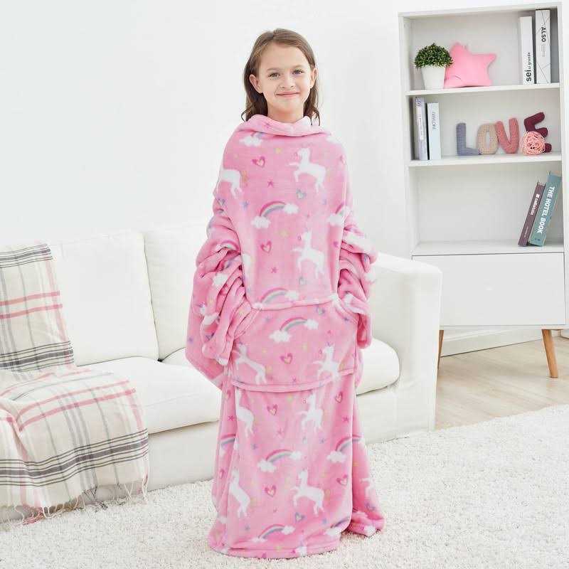 Wearable Fleece Blanket With Sleeves & Foot Pocket For Kids Boys Girls Children,Lightweight Soft Blanket With Sleeves and Hook & Loop