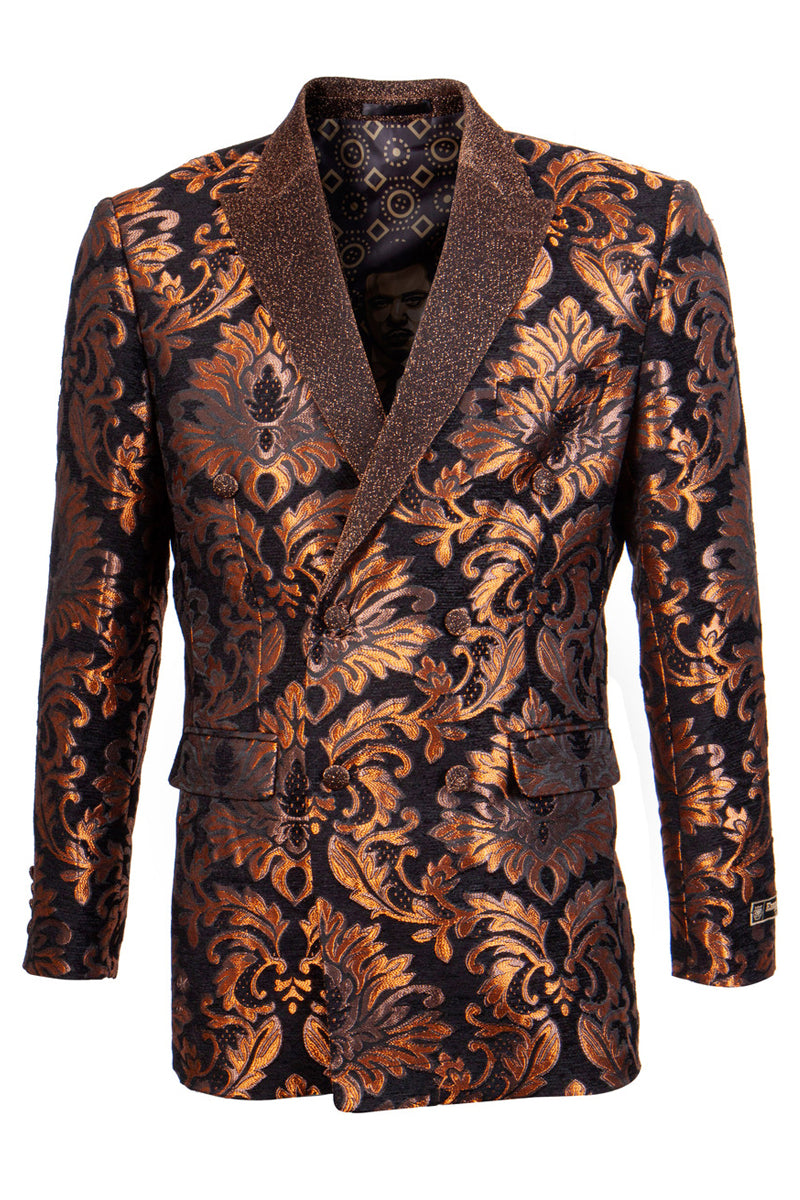 Men’s Double Breasted Shiny Shimmery Floral Brocade Tuxedo Jacket in Rust