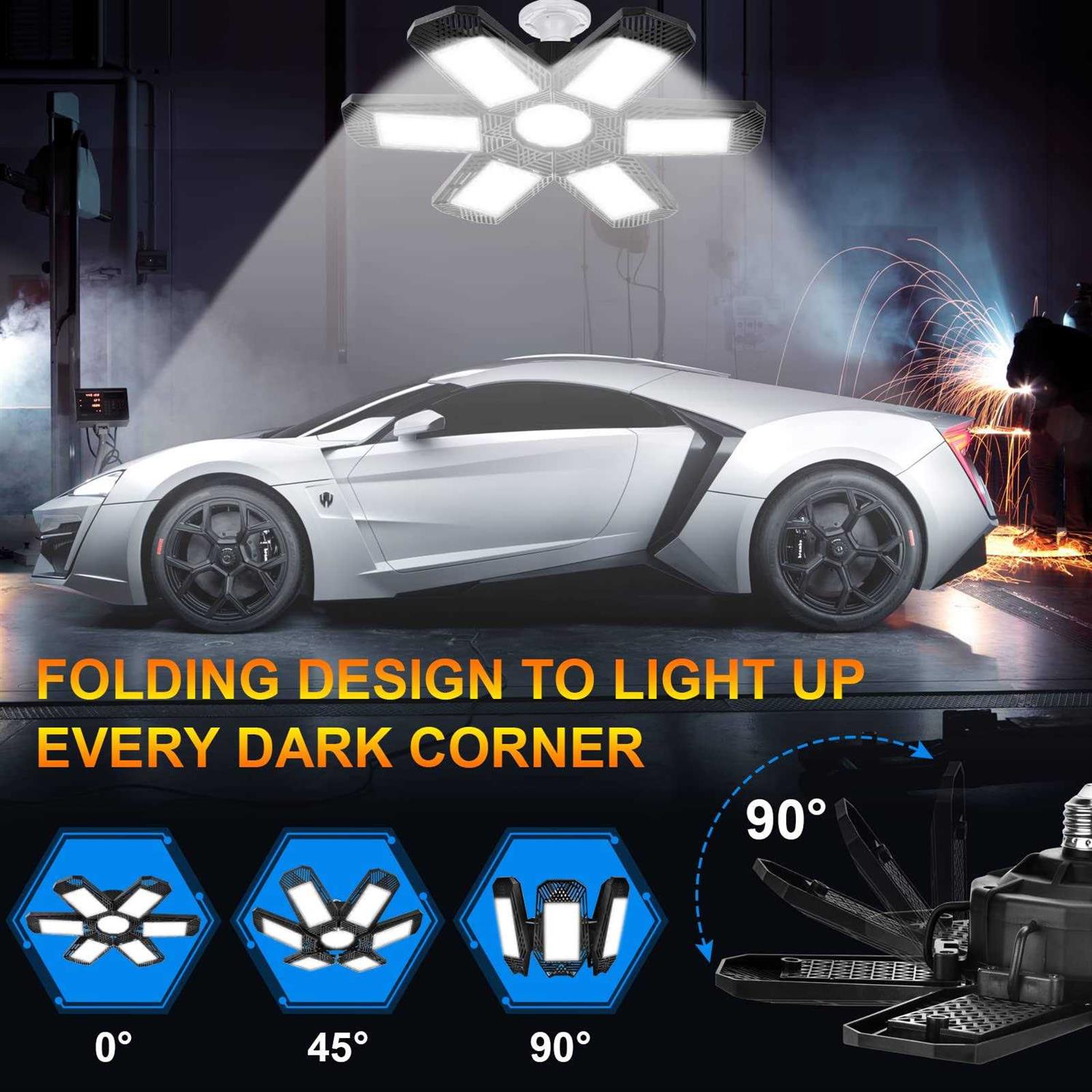 ZZENRYSAM 2 Pack LED Garage Lights 120W 12000LM 6500K Deformable LED Garage Ceiling Light with 6+1 Multi-Position Panels