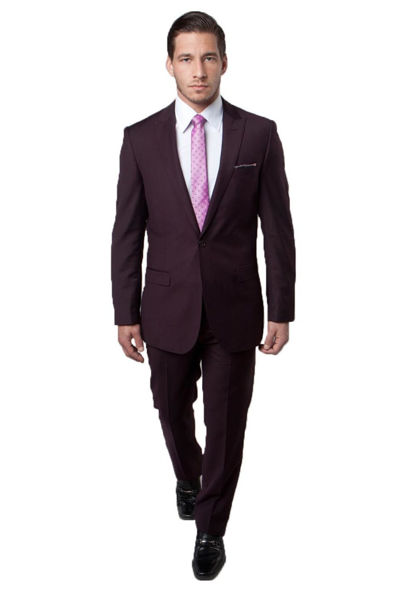 Men’s Slim Fit One Button Peak Lapel Suit in Eggplant Plum