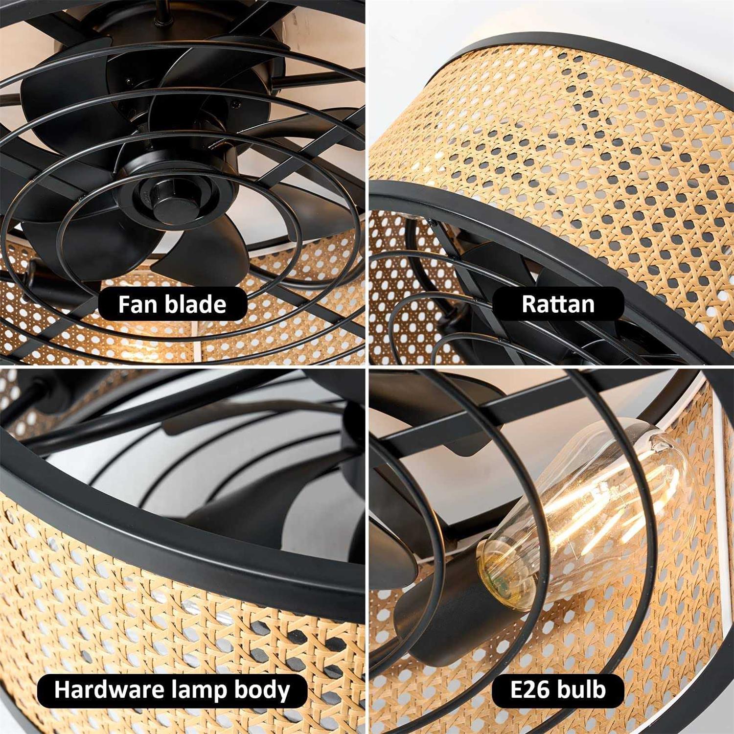 zheshirui Rattan Boho Ceiling Fan with Light Flush Mount, 20 Inch Caged Ceiling Fans with Light and Remote Control