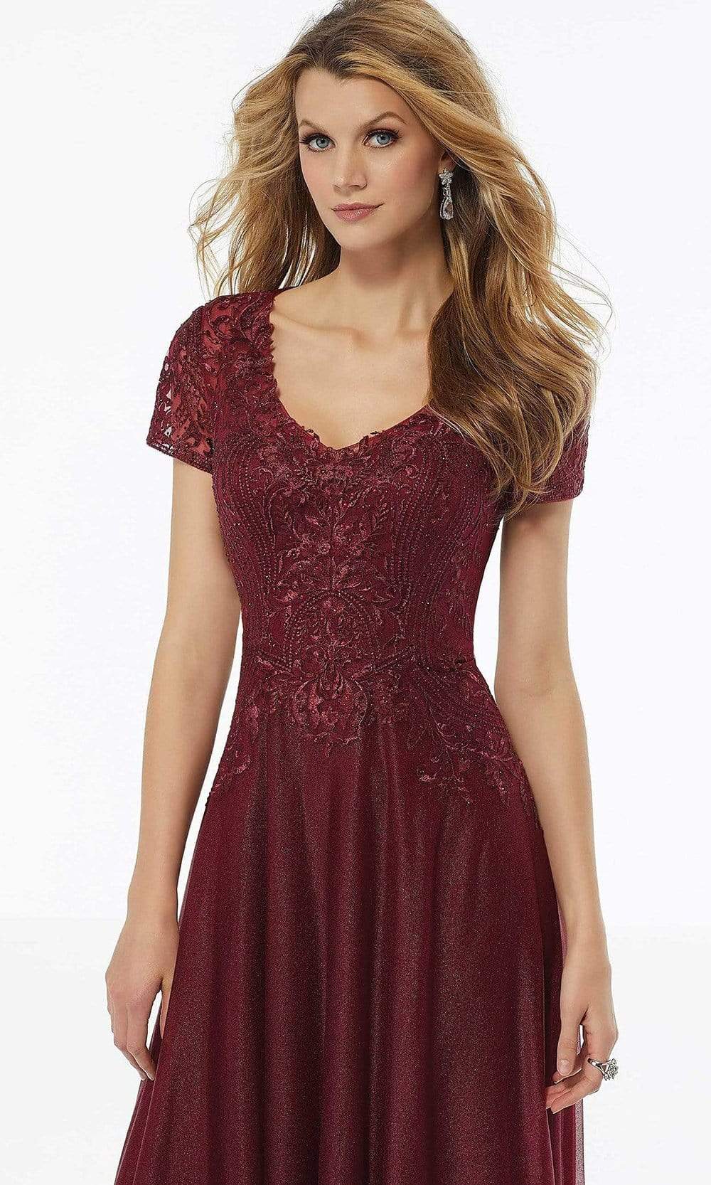 72116 Bead Embroidered Deep V-neck A-line Dress