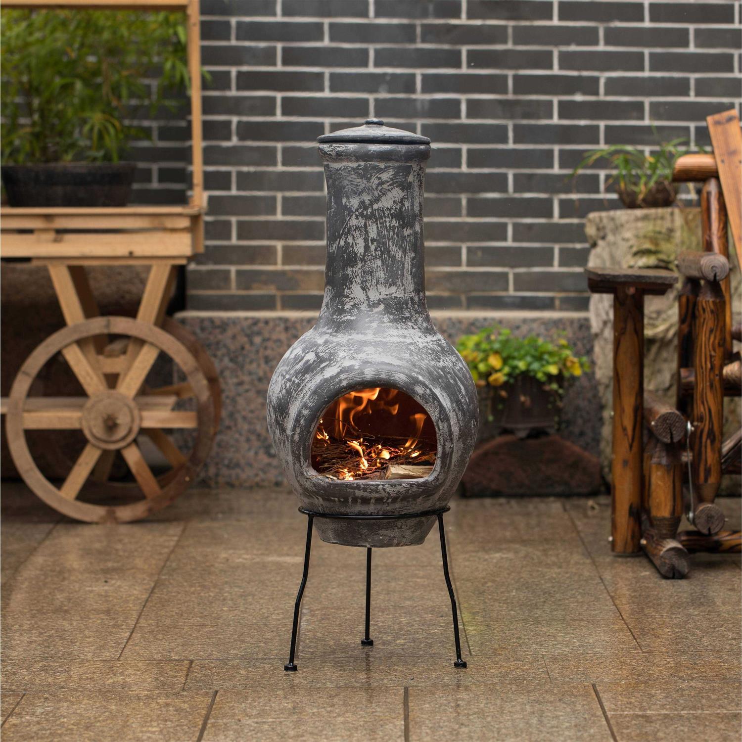 Vintiquewise Gray Outdoor Clay Chiminea Fireplace Stoney Scribbled Design Charcoal Burning Fire Pit with Sturdy Metal Stand