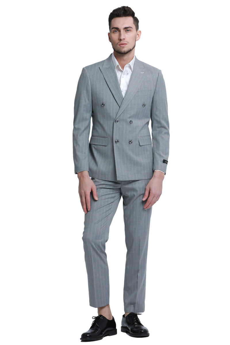 Men’s Slim Fit Double Breasted Bold Gangster Pinstripe Suit in Grey