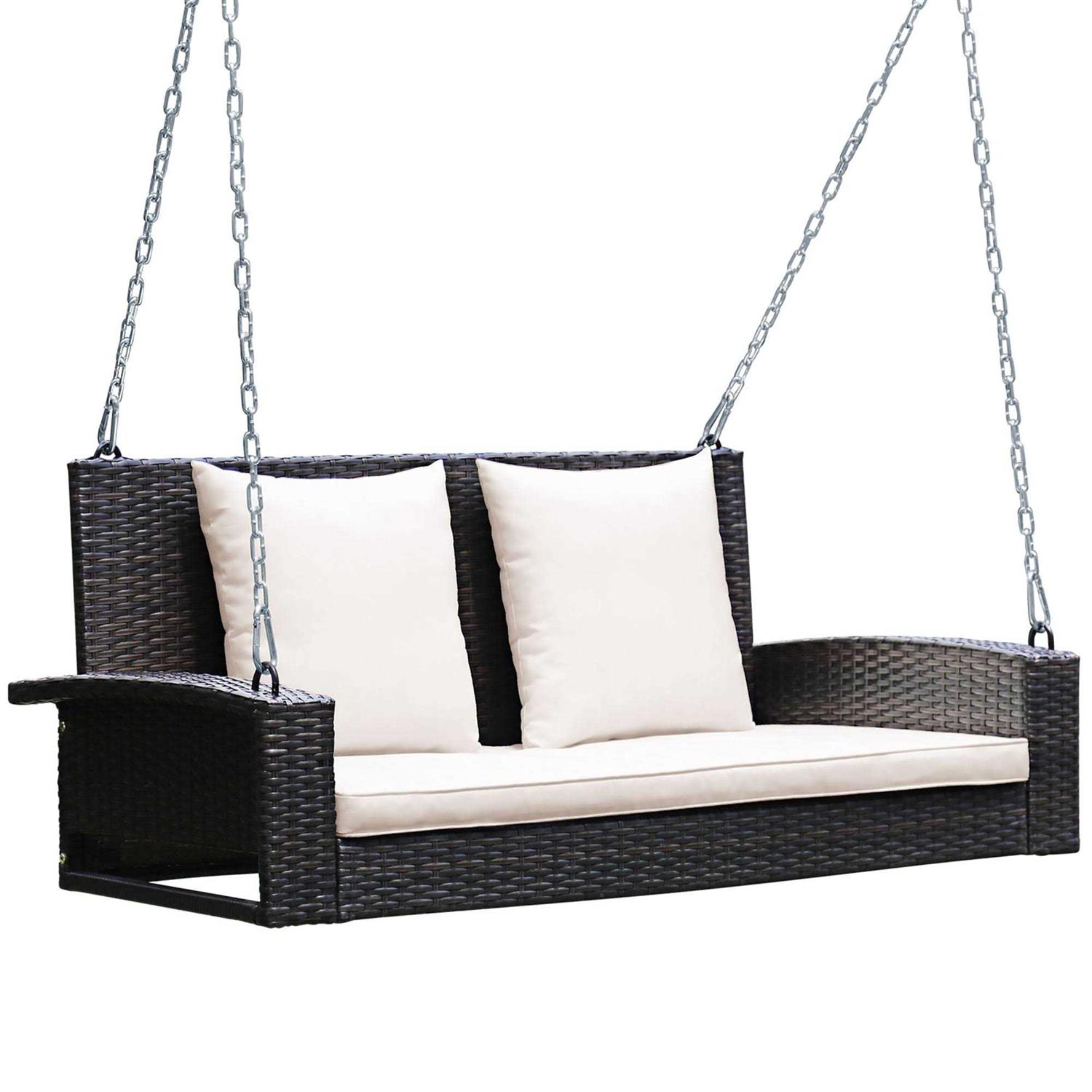 Costway 2-Person Patio Rattan Hanging Porch Swing Bench Chair Cushion