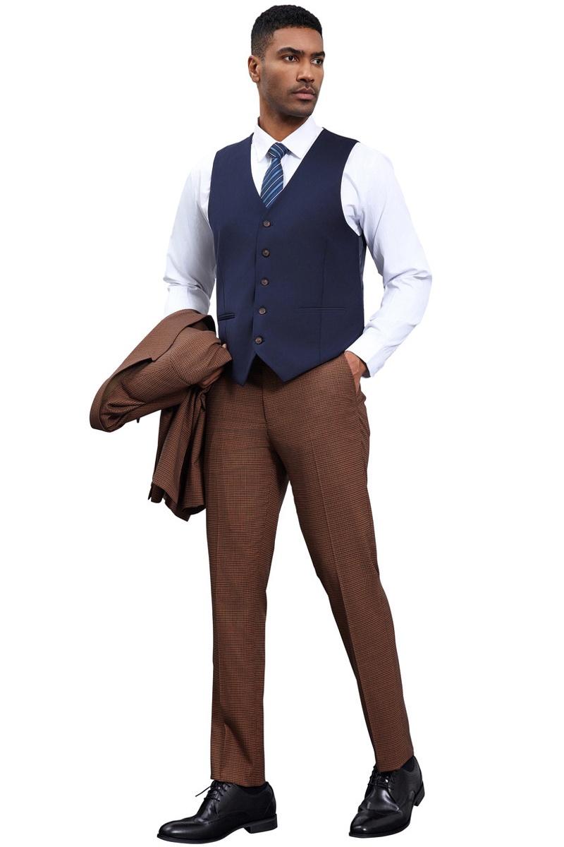 Men’s Stacy Adams One Button Peak Lapel Vested Micro Check in Cognac Brown with a Navy Vest