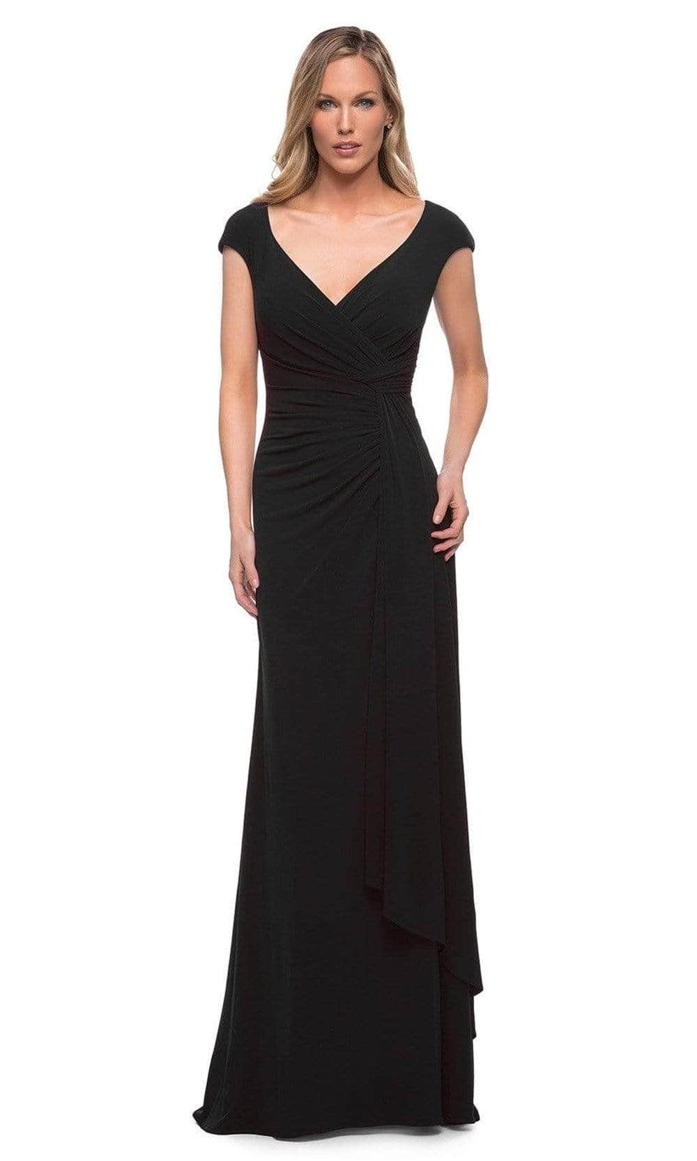 Ruched Bodice Cap Sleeve Formal Dress