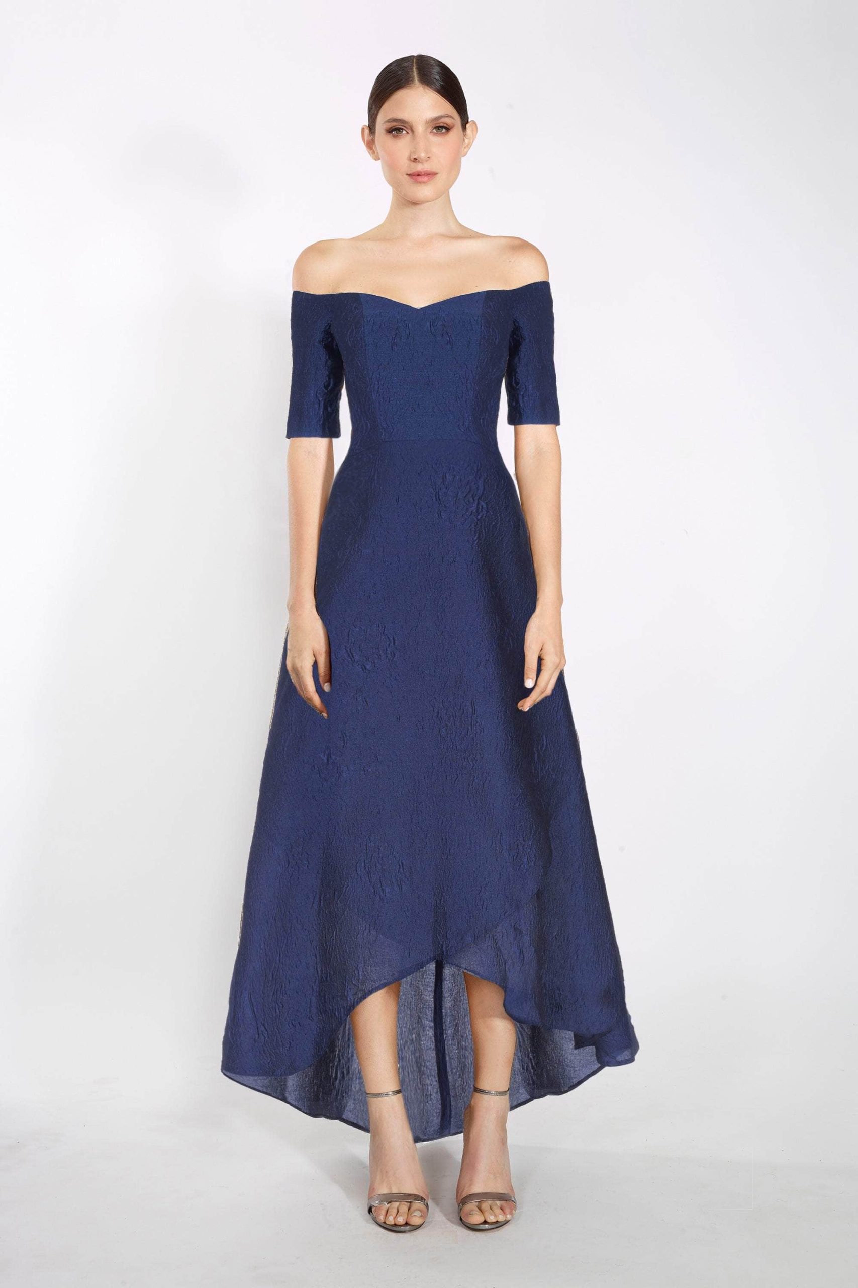 61022 Off Shoulder Jacquard High Low A-line Dress