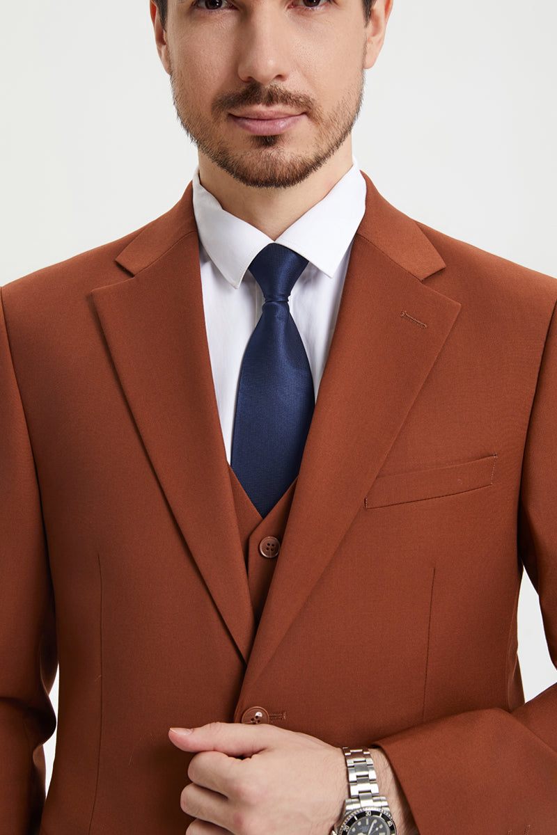 Men’s Two Button Vested Stacy Adams Basic Designer Suit in Brown Rust