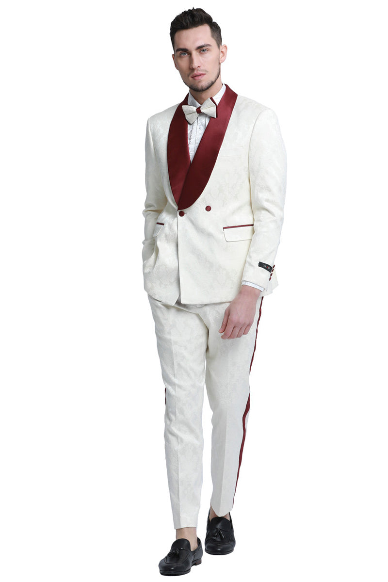 Men’s Slim Fit Double Breasted Paisley Smoking Jacket Prom & Wedding Tuxedo in Ivory & Burgundy