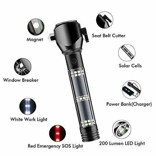 Serjur 8 in 1 Multi Function Flash Light,USB Rechargeable Solar Powered Flashlight with Glass Breaker,Seatbelt Cutter,Alarm and Phone Charger