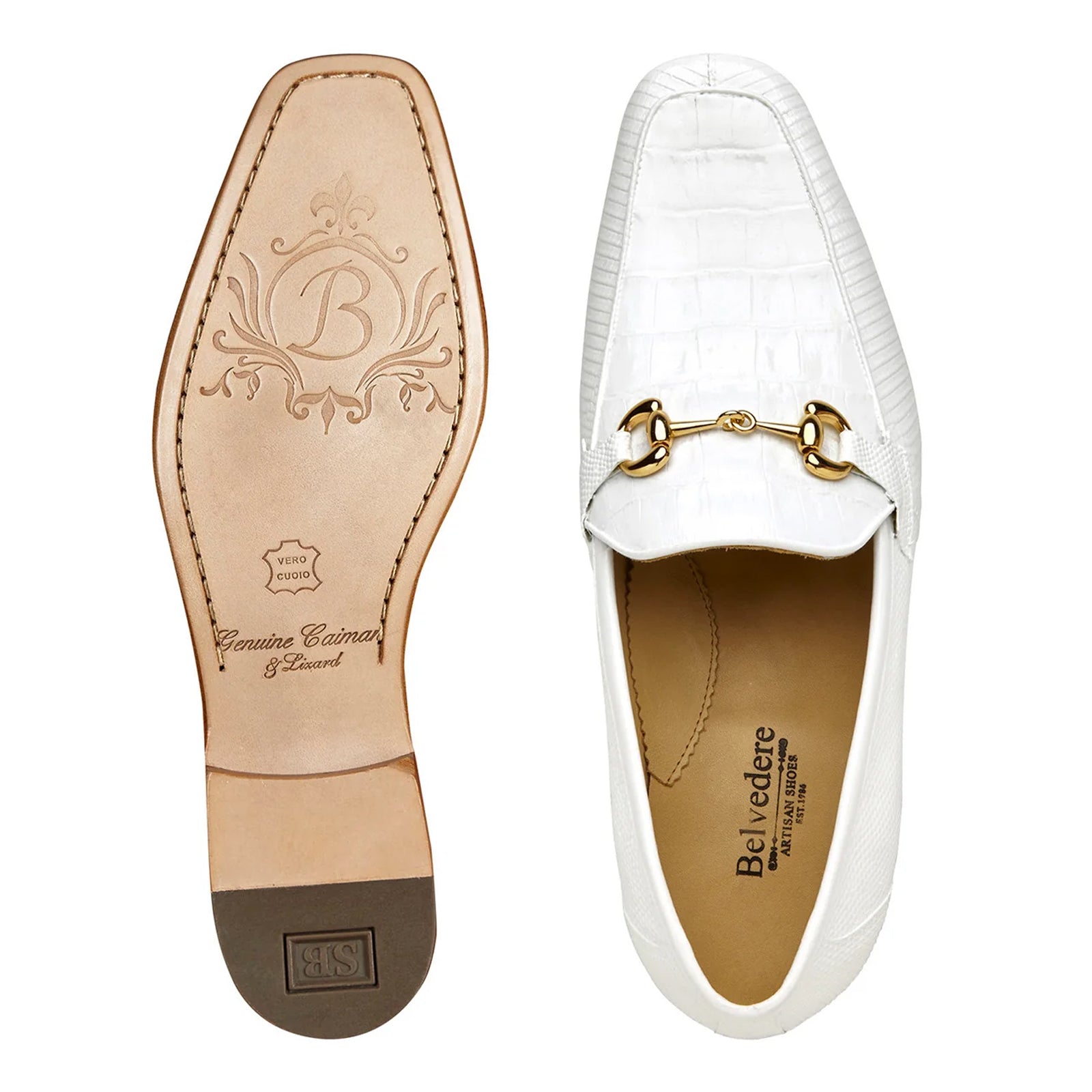 Men’s Belvedere Udine Crocodile & Lizard Buckle Dress Loafer in White